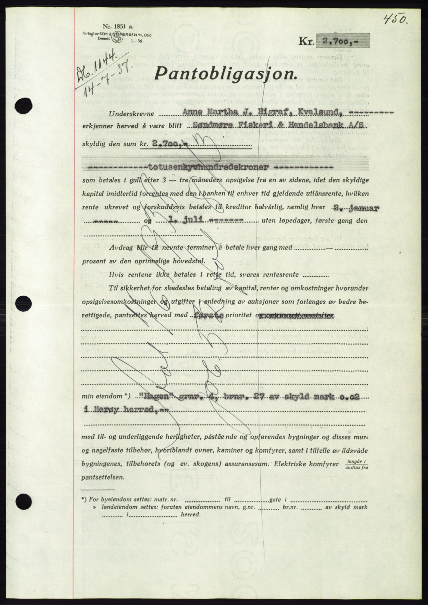 Søre Sunnmøre sorenskriveri, AV/SAT-A-4122/1/2/2C/L0063: Pantebok nr. 57, 1937-1937, Dagboknr: 1144/1937