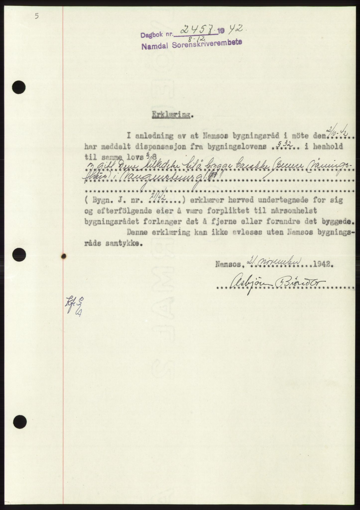 Namdal sorenskriveri, SAT/A-4133/1/2/2C: Pantebok nr. -, 1942-1943, Dagboknr: 2457/1942