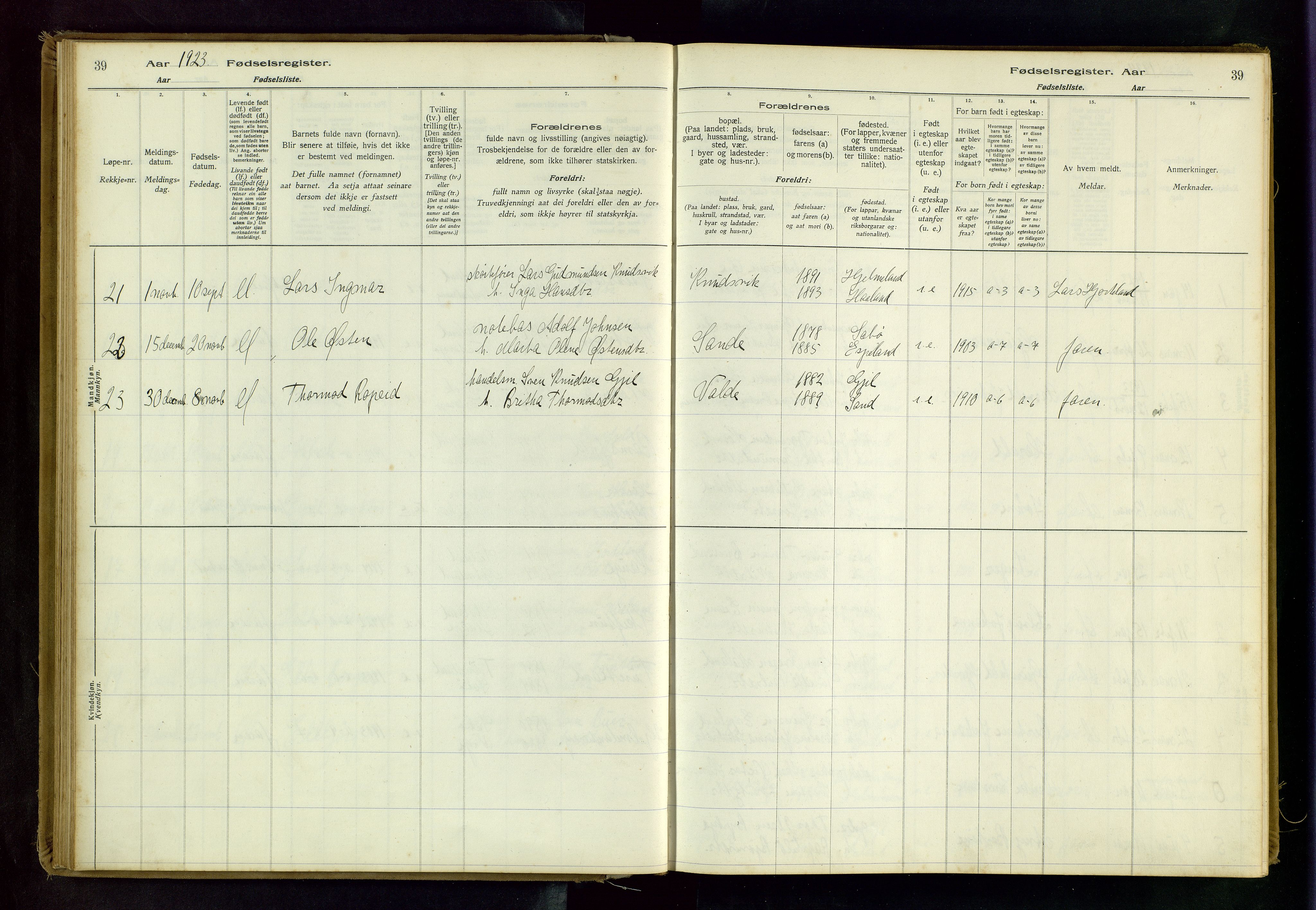 Hjelmeland sokneprestkontor, AV/SAST-A-101843/02/B/L0001: Fødselsregister nr. 1, 1916-1963, s. 39