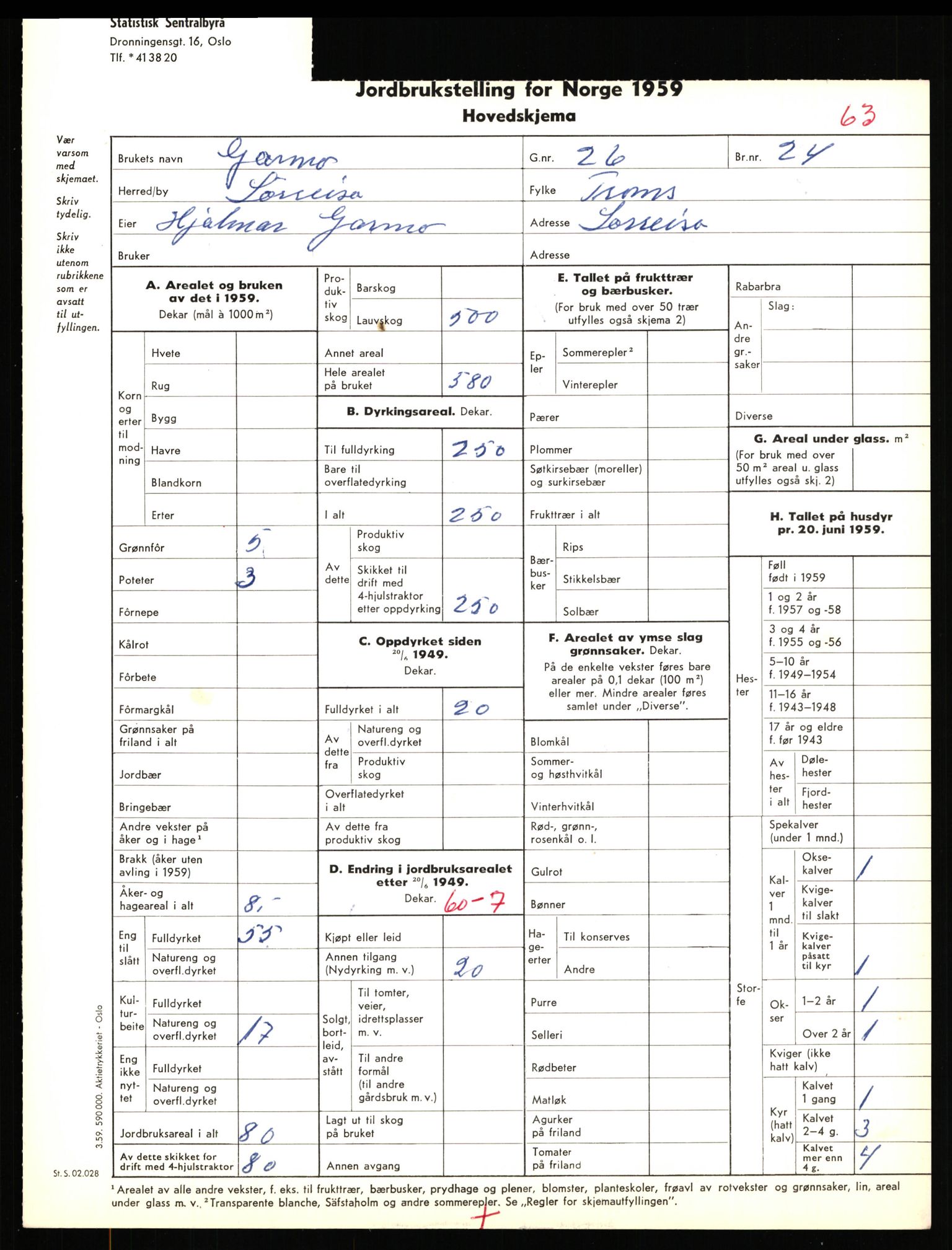 Statistisk sentralbyrå, Næringsøkonomiske emner, Jordbruk, skogbruk, jakt, fiske og fangst, AV/RA-S-2234/G/Gd/L0656: Troms: 1924 Målselv (kl. 0-3) og 1925 Sørreisa, 1959, s. 1271