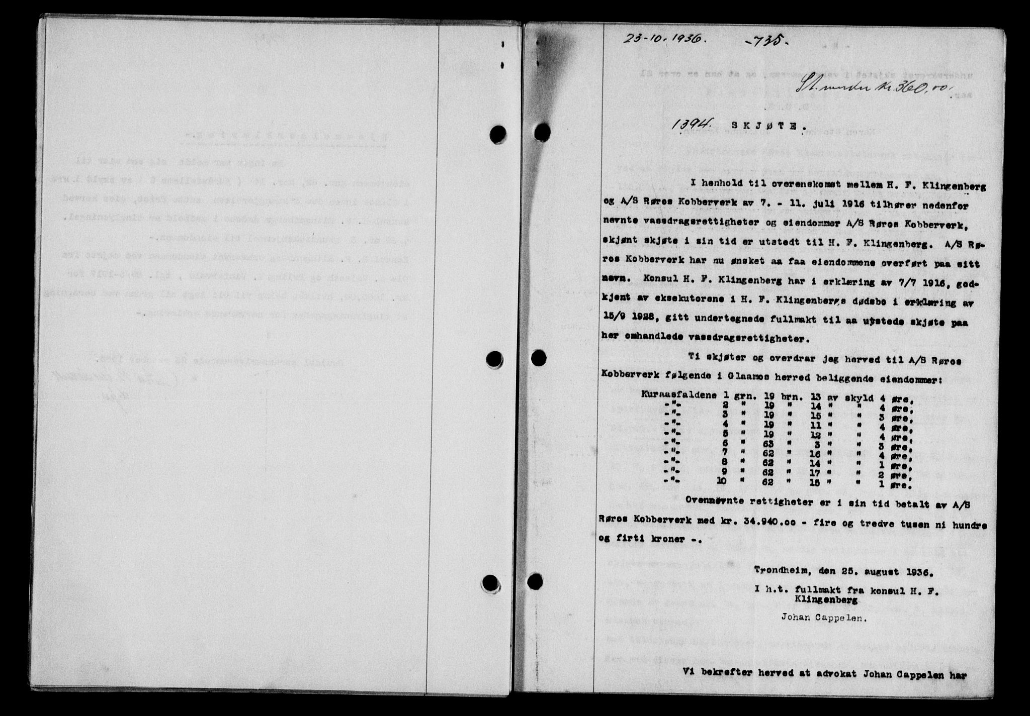 Gauldal sorenskriveri, SAT/A-0014/1/2/2C/L0046: Pantebok nr. 49-50, 1936-1937, Dagboknr: 1394/1936