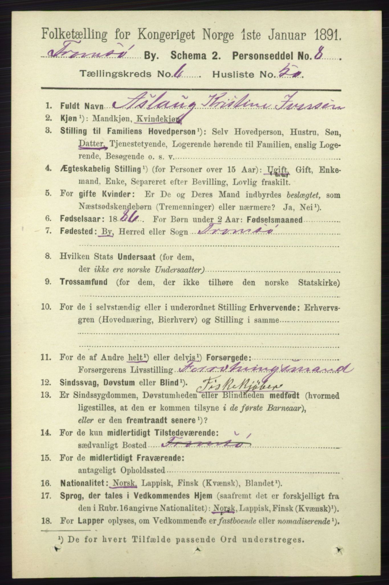 RA, Folketelling 1891 for 1902 Tromsø kjøpstad, 1891, s. 6200