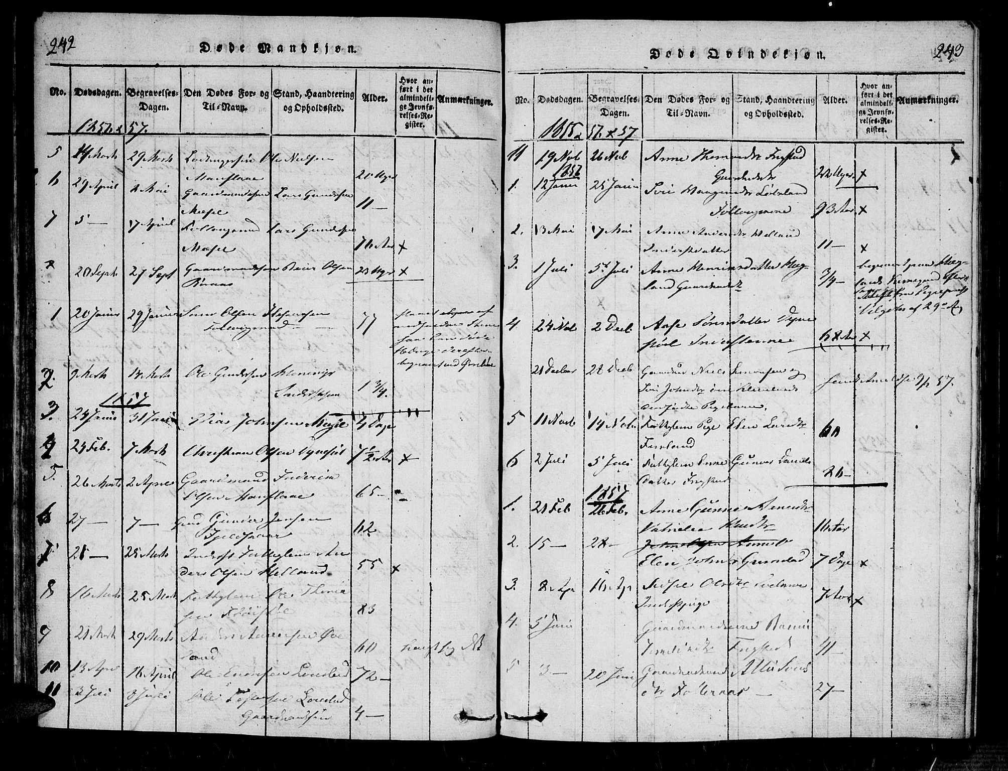 Bjelland sokneprestkontor, SAK/1111-0005/F/Fa/Fab/L0002: Ministerialbok nr. A 2, 1816-1869, s. 242-243