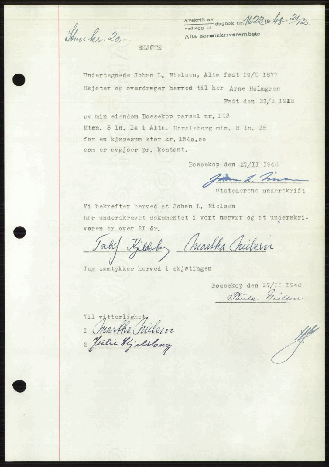 Alta fogderi/sorenskriveri, SATØ/SATØ-5/1/K/Kd/L0037pantebok: Pantebok nr. 39-40, 1948-1949, Dagboknr: 1623/1948
