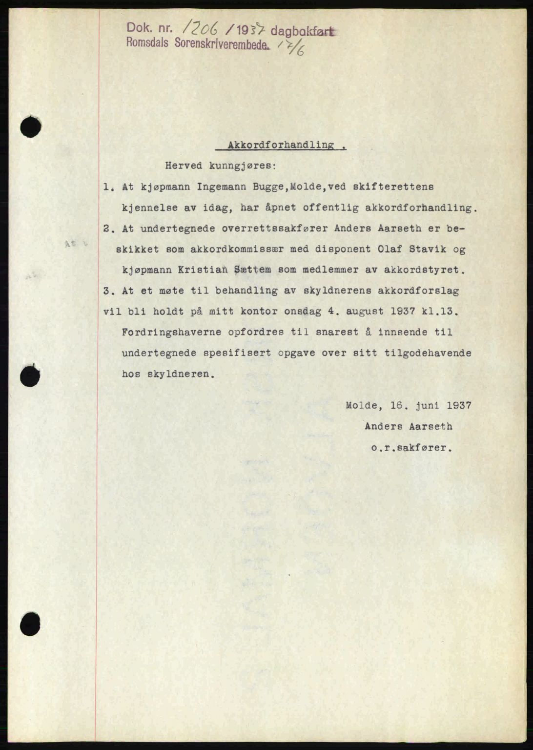 Romsdal sorenskriveri, SAT/A-4149/1/2/2C: Pantebok nr. B1, 1936-1939, Dagboknr: 1206/1937