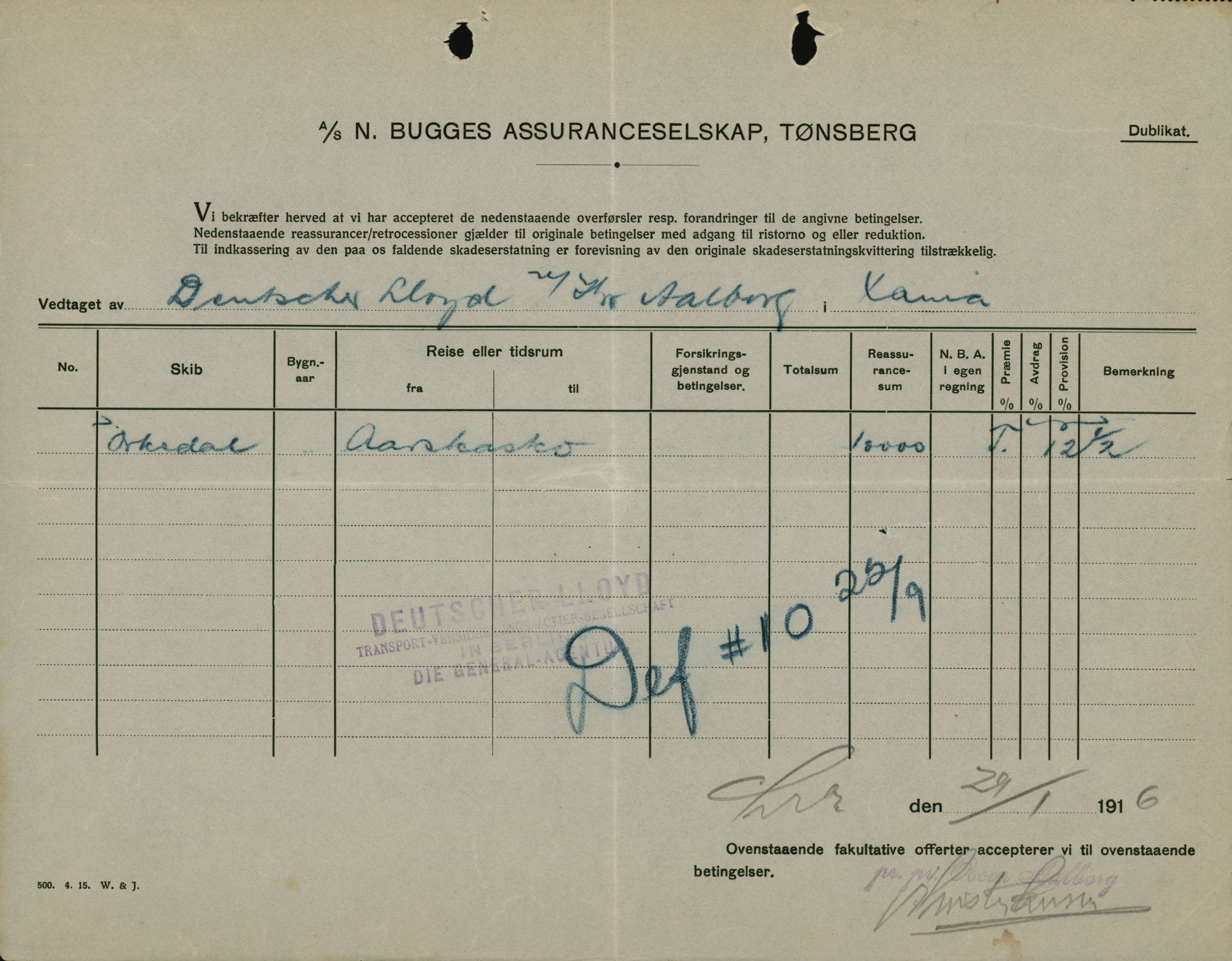 Pa 664 - Tønsberg Sjøforsikringsselskap, VEMU/A-1773/F/L0001: Forsikringspoliser, 1915-1918