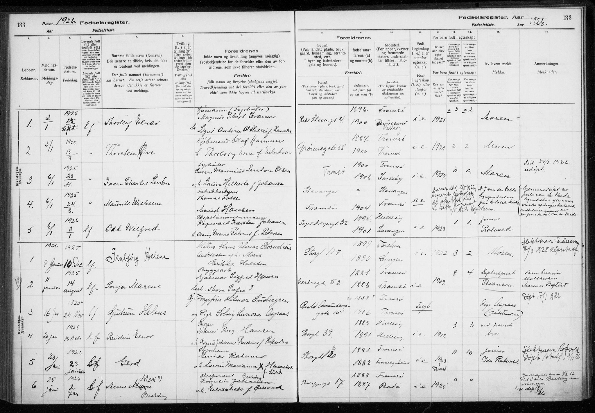 Tromsø sokneprestkontor/stiftsprosti/domprosti, SATØ/S-1343/H/Ha/L0132: Fødselsregister nr. 132, 1921-1927, s. 133