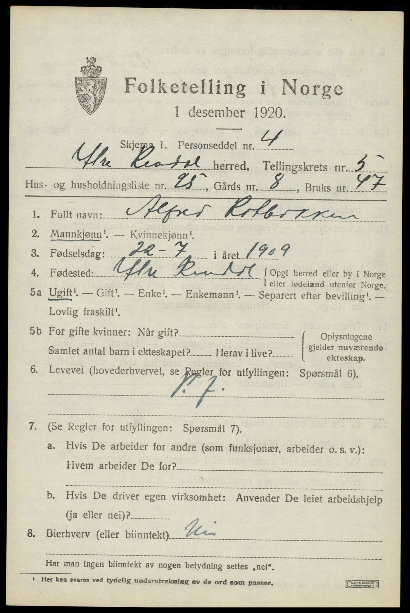 SAH, Folketelling 1920 for 0432 Ytre Rendal herred, 1920, s. 2927