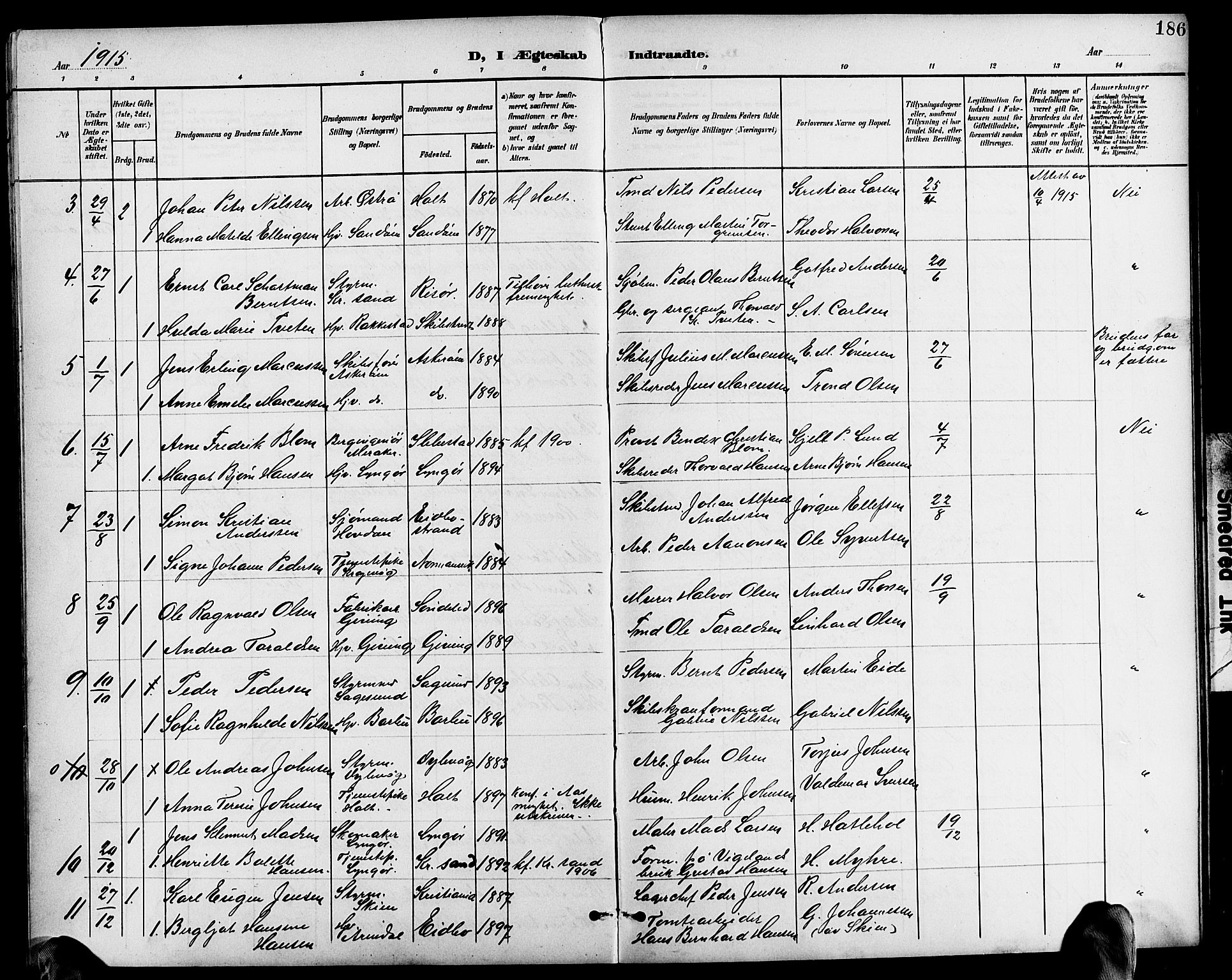 Dypvåg sokneprestkontor, AV/SAK-1111-0007/F/Fb/Fba/L0014: Klokkerbok nr. B 14, 1901-1922, s. 186