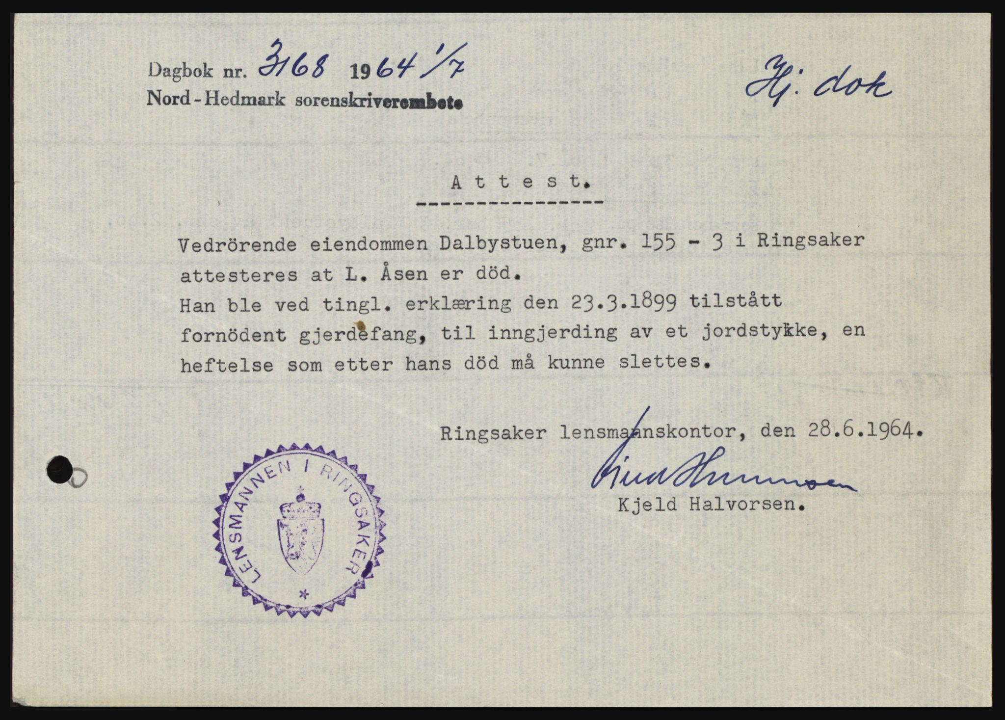 Nord-Hedmark sorenskriveri, SAH/TING-012/H/Hc/L0020: Pantebok nr. 20, 1964-1964, Dagboknr: 3168/1964