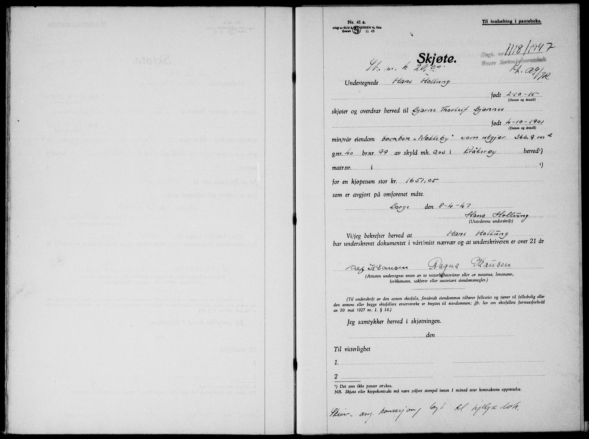 Onsøy sorenskriveri, SAO/A-10474/G/Ga/Gab/L0019b: Pantebok nr. II A-19 B, 1947-1947, Dagboknr: 1118/1947