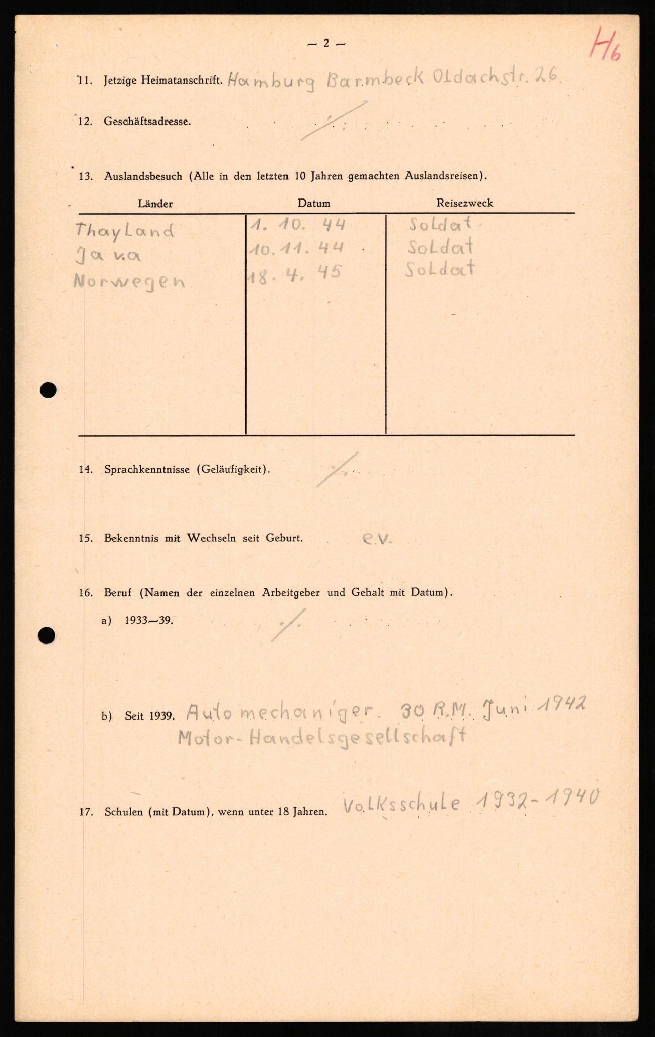 Forsvaret, Forsvarets overkommando II, RA/RAFA-3915/D/Db/L0012: CI Questionaires. Tyske okkupasjonsstyrker i Norge. Tyskere., 1945-1946, s. 166