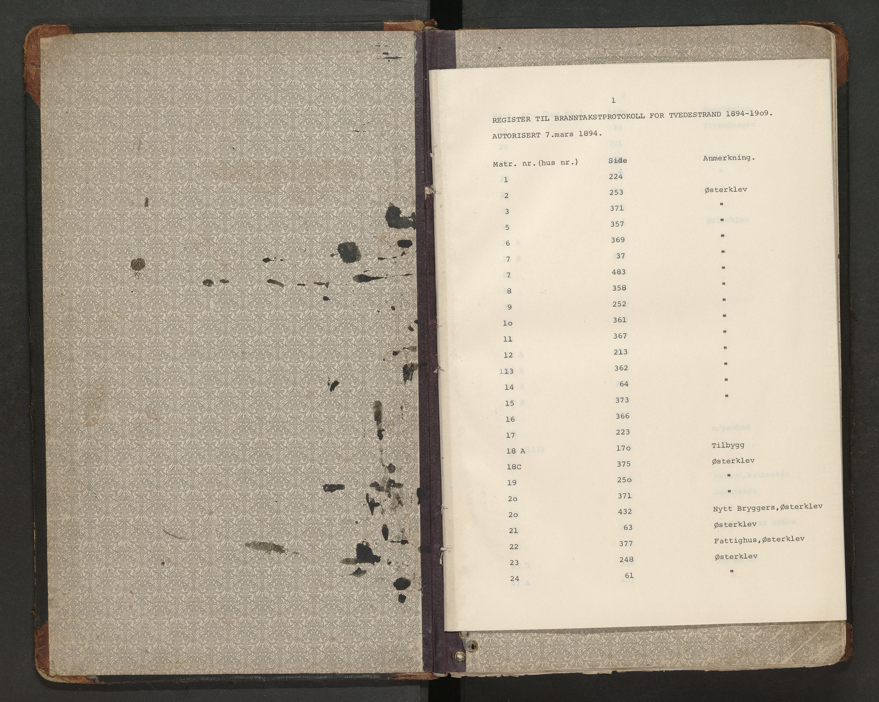 Norges Brannkasse Tvedestrand, SAK/2241-0050/F/Fa/L0004: Branntakstprotokoll nr. 4 med matrikkelnummerregister, 1894-1909