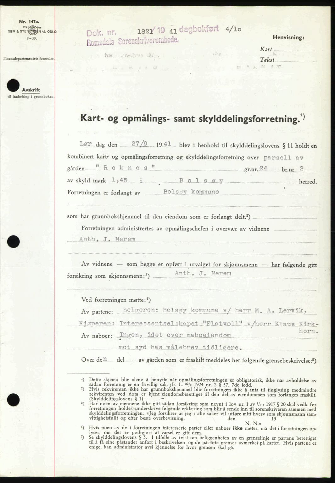 Romsdal sorenskriveri, AV/SAT-A-4149/1/2/2C: Pantebok nr. A11, 1941-1942, Dagboknr: 1821/1941