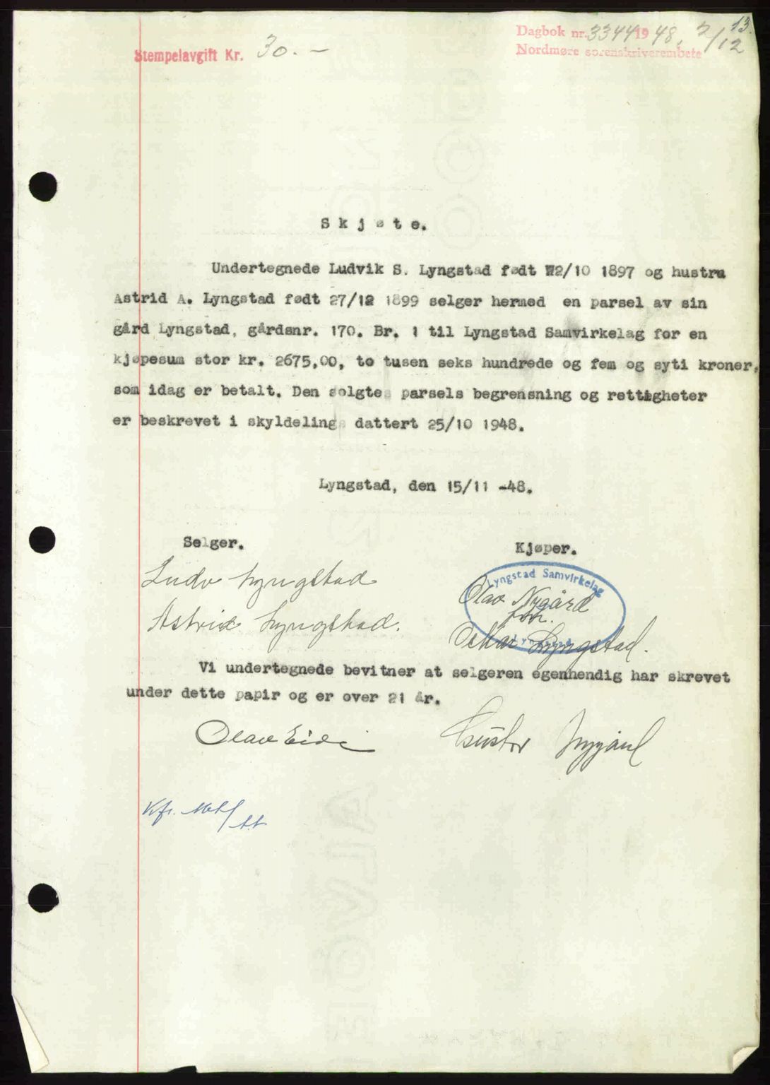 Nordmøre sorenskriveri, SAT/A-4132/1/2/2Ca: Pantebok nr. A110, 1948-1949, Dagboknr: 3344/1948