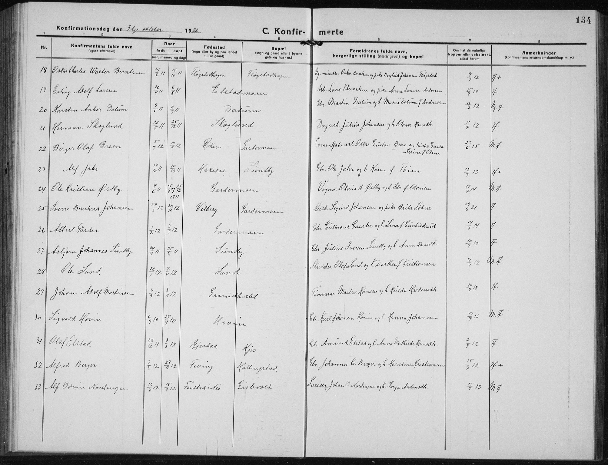 Ullensaker prestekontor Kirkebøker, AV/SAO-A-10236a/G/Gb/L0002: Klokkerbok nr. II 2, 1917-1941, s. 134
