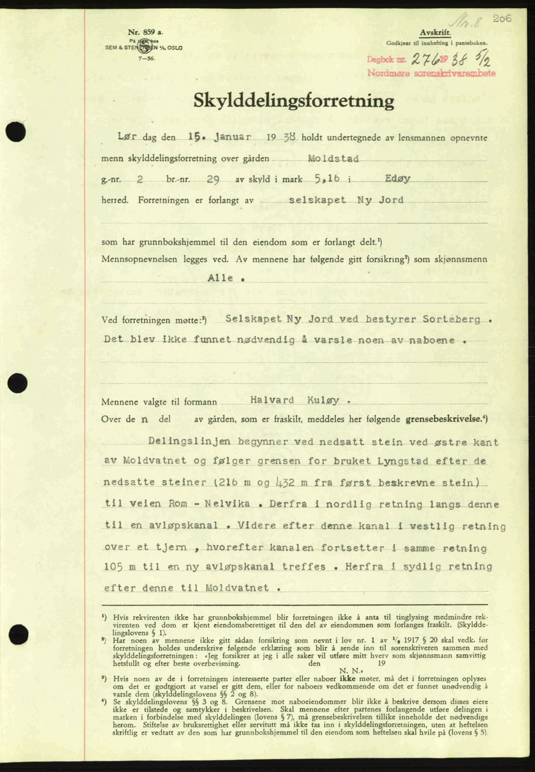 Nordmøre sorenskriveri, SAT/A-4132/1/2/2Ca: Pantebok nr. A83, 1938-1938, Dagboknr: 276/1938