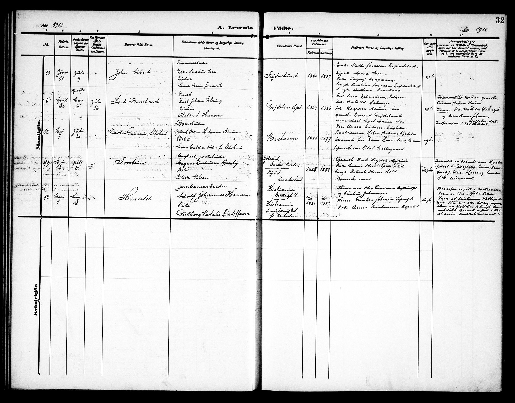 Kråkstad prestekontor Kirkebøker, AV/SAO-A-10125a/G/Ga/L0002: Klokkerbok nr. I 2, 1905-1934, s. 32