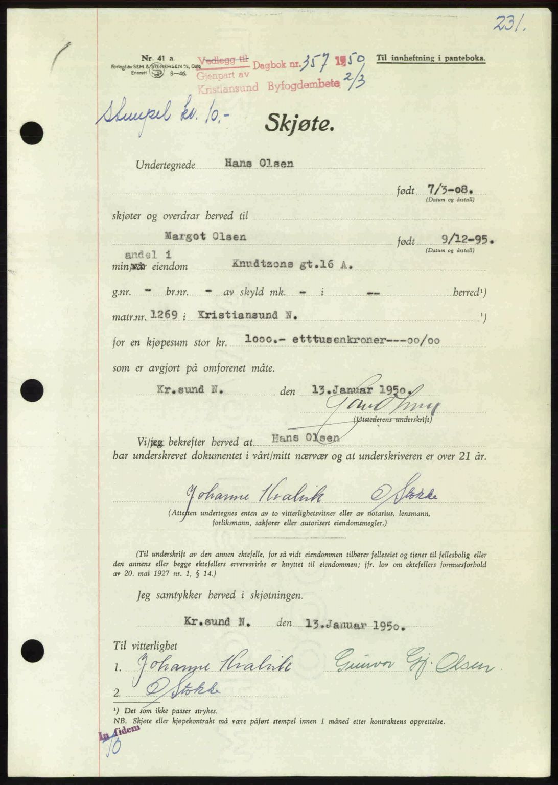 Kristiansund byfogd, AV/SAT-A-4587/A/27: Pantebok nr. 46, 1949-1950, Dagboknr: 357/1950