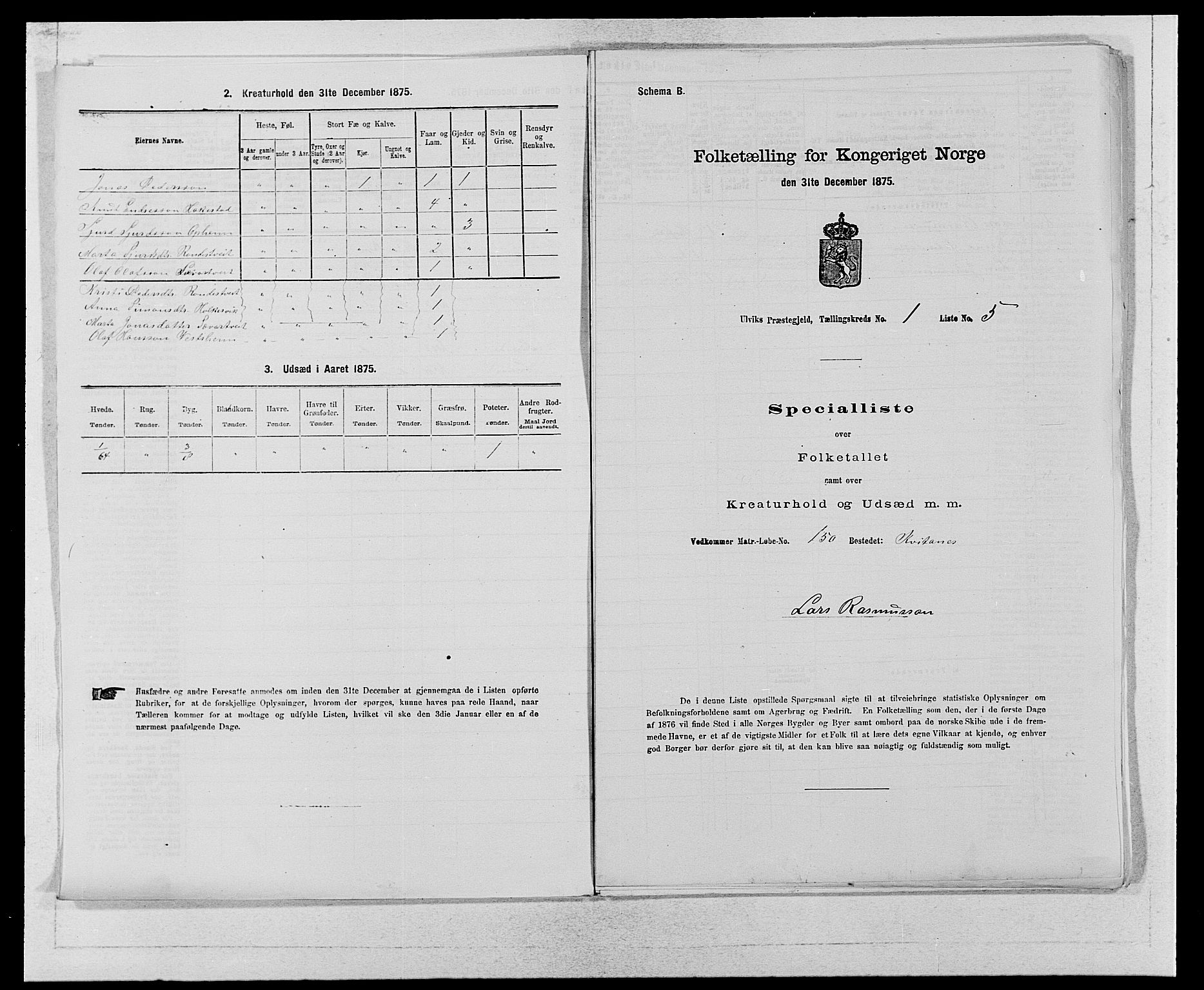 SAB, Folketelling 1875 for 1233P Ulvik prestegjeld, 1875, s. 37