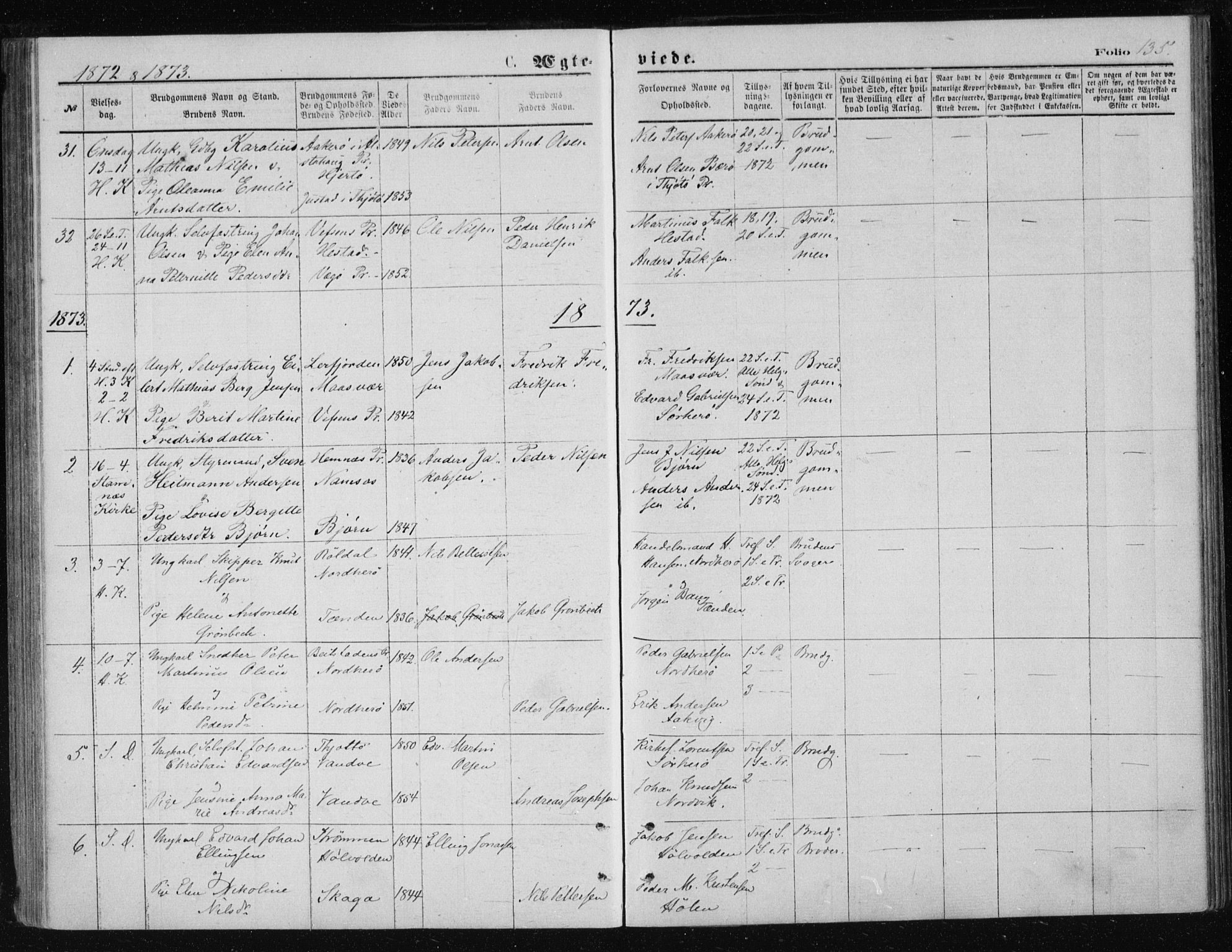 Ministerialprotokoller, klokkerbøker og fødselsregistre - Nordland, SAT/A-1459/834/L0506: Ministerialbok nr. 834A04, 1872-1878, s. 135
