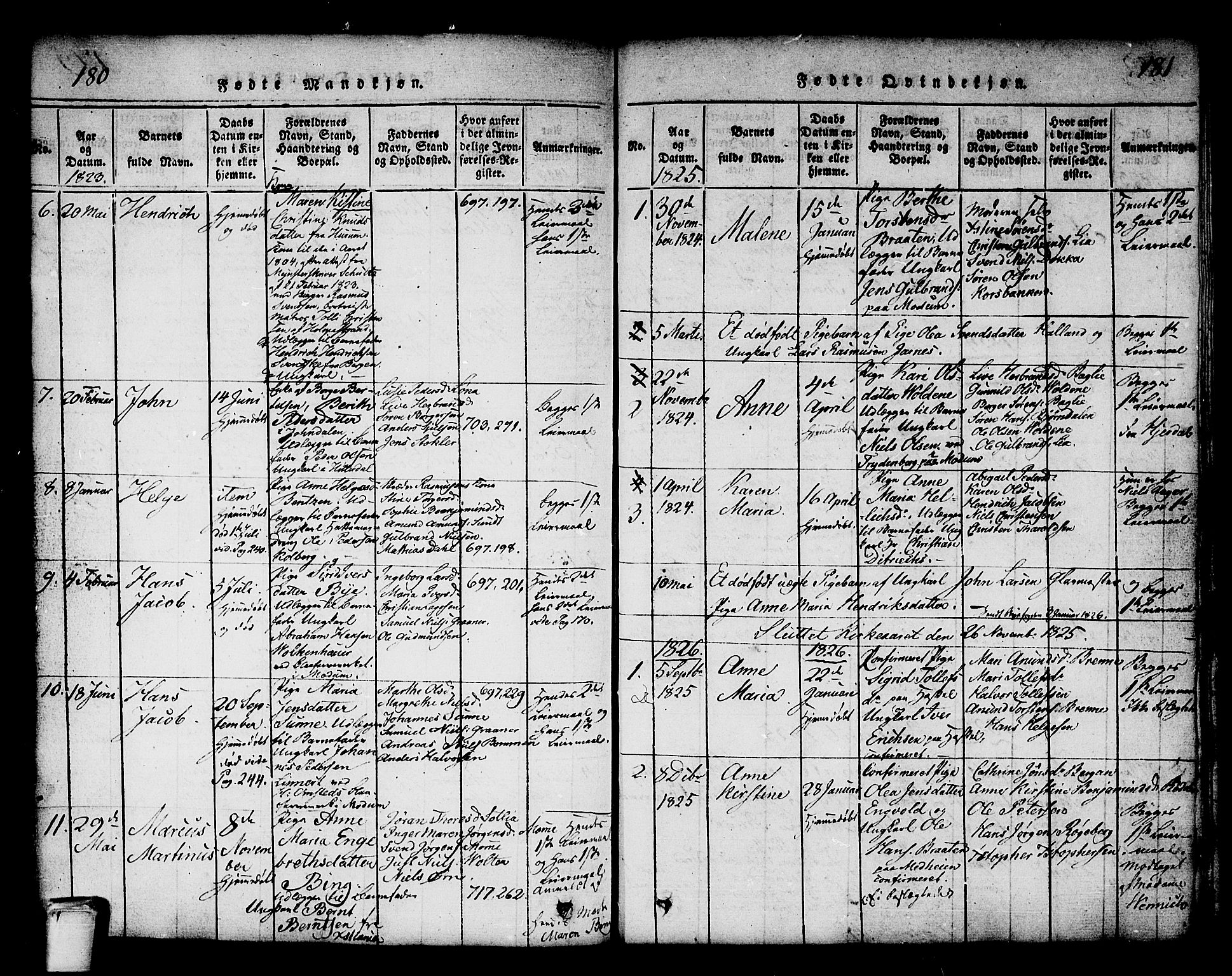 Kongsberg kirkebøker, AV/SAKO-A-22/G/Ga/L0001: Klokkerbok nr. 1, 1816-1839, s. 180-181