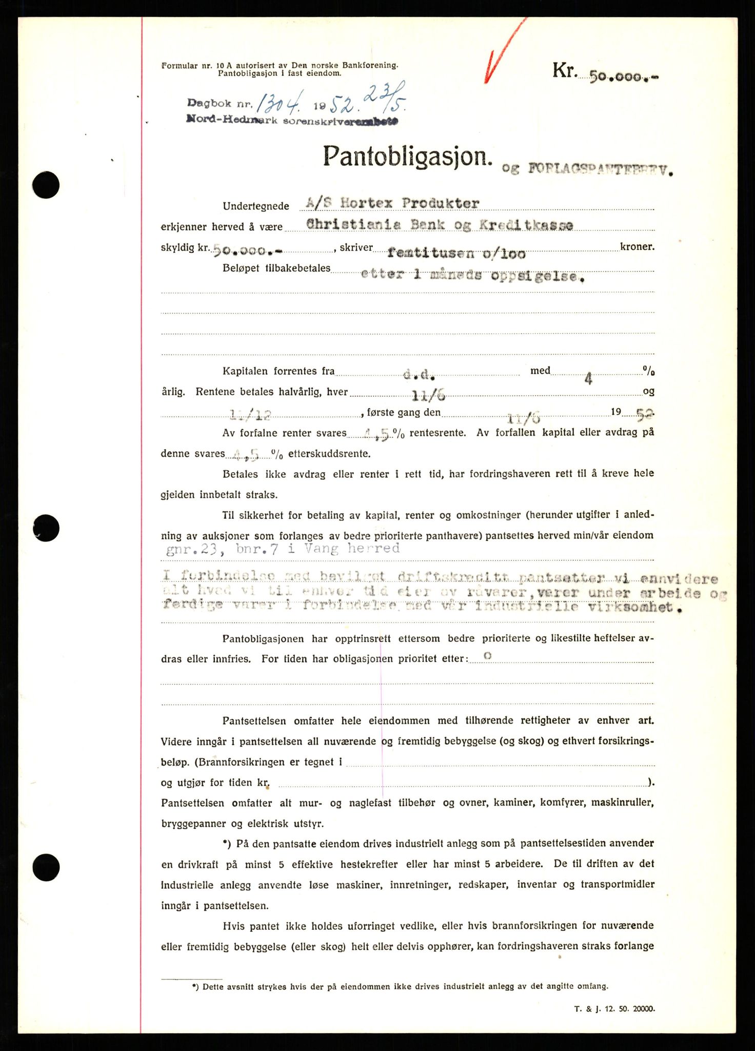 Nord-Hedmark sorenskriveri, SAH/TING-012/H/Hb/Hbf/L0025: Pantebok nr. B25, 1952-1952, Dagboknr: 1304/1952