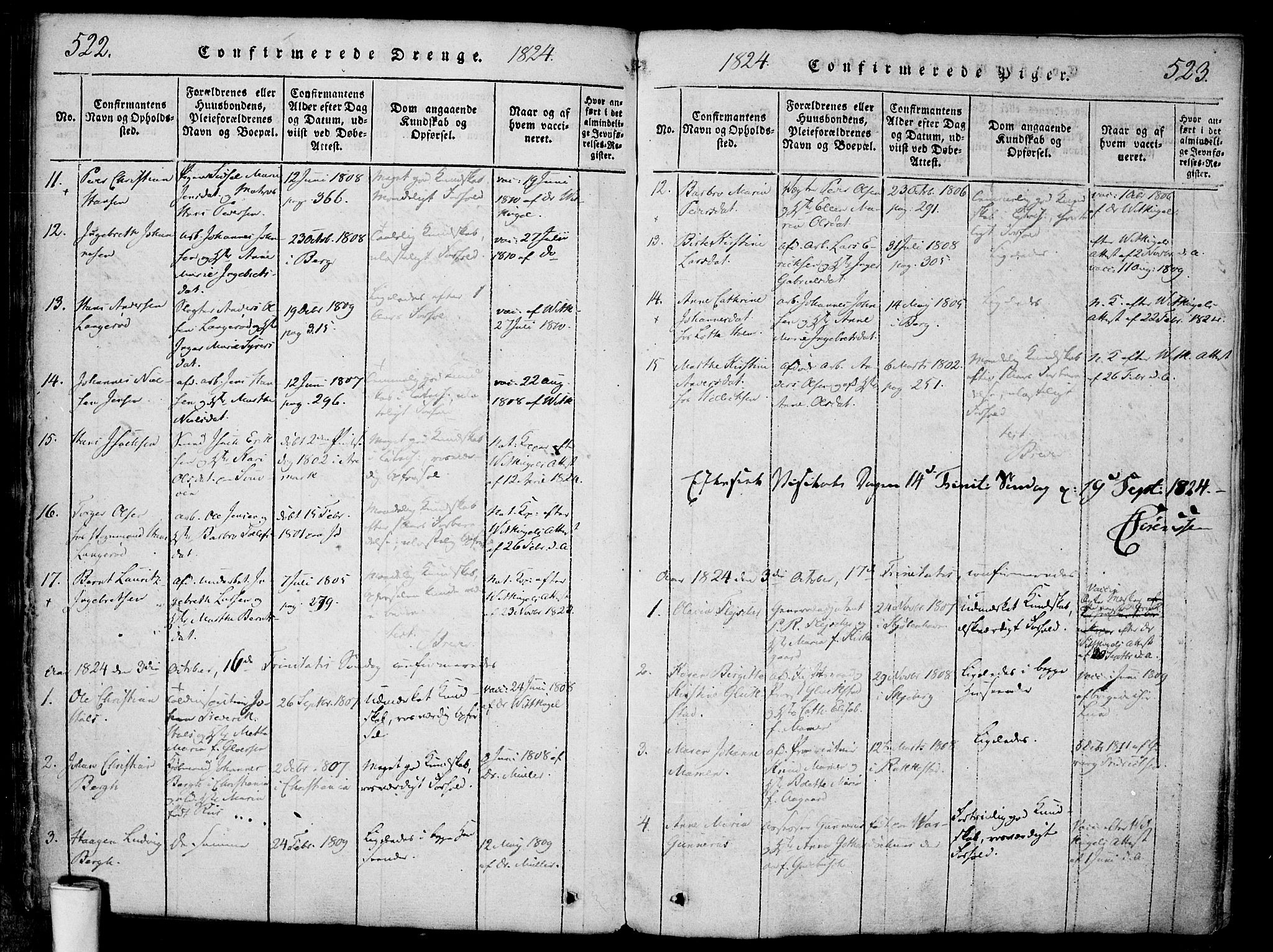 Halden prestekontor Kirkebøker, SAO/A-10909/F/Fa/L0003: Ministerialbok nr. I 3, 1815-1834, s. 522-523