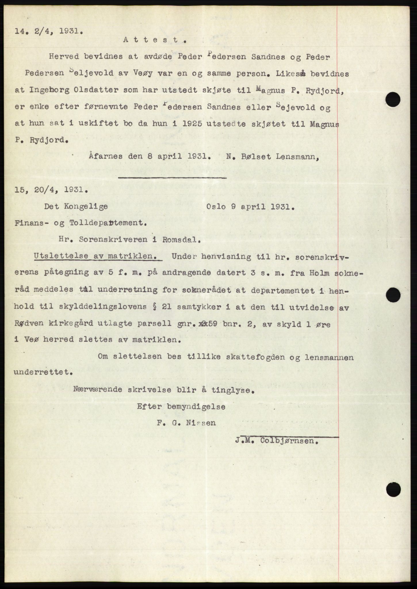 Romsdal sorenskriveri, AV/SAT-A-4149/1/2/2C/L0059: Pantebok nr. 53, 1931-1931, Tingl.dato: 20.04.1931