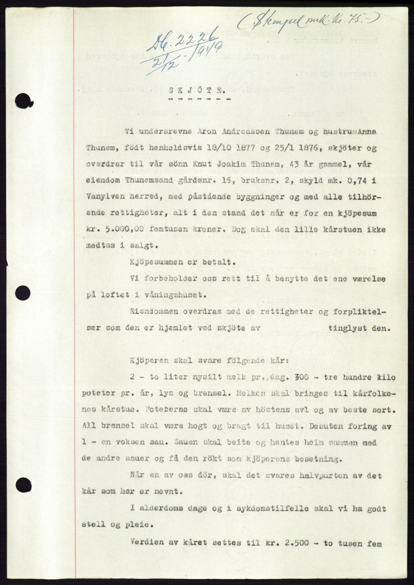 Søre Sunnmøre sorenskriveri, SAT/A-4122/1/2/2C/L0085: Pantebok nr. 11A, 1949-1949, Dagboknr: 2226/1949