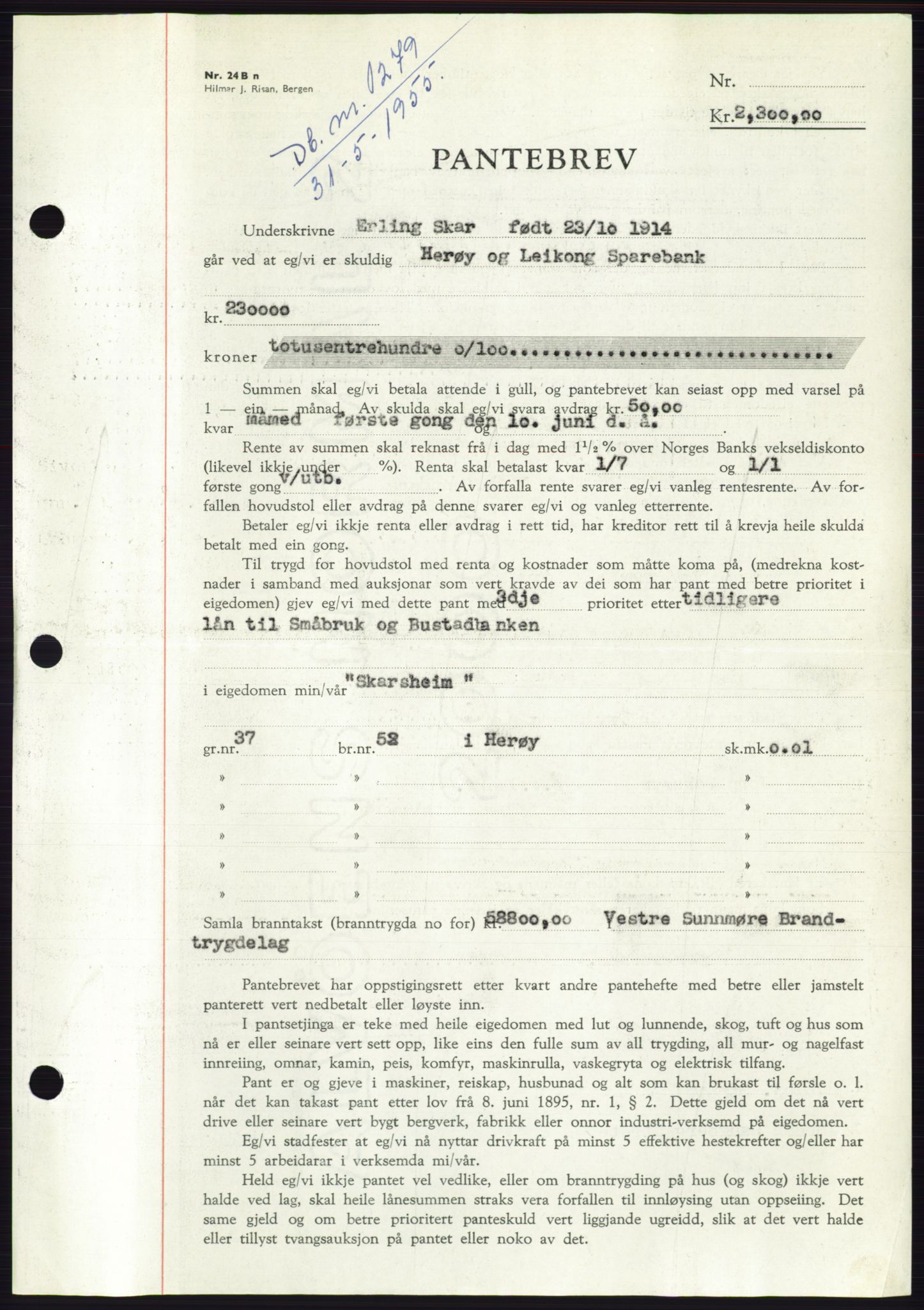 Søre Sunnmøre sorenskriveri, AV/SAT-A-4122/1/2/2C/L0126: Pantebok nr. 14B, 1954-1955, Dagboknr: 1279/1955