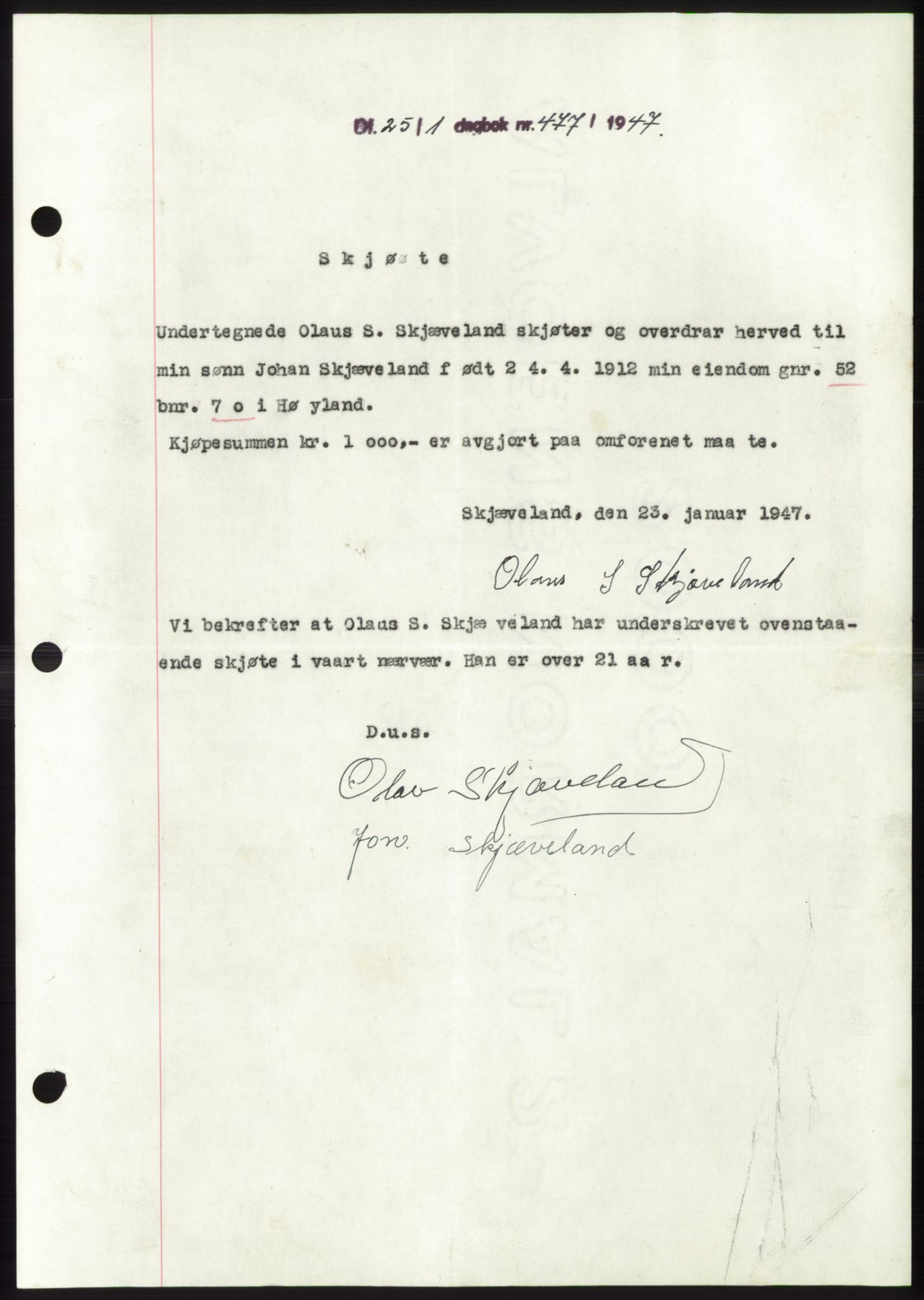 Jæren sorenskriveri, SAST/A-100310/03/G/Gba/L0093: Pantebok, 1947-1947, Dagboknr: 477/1947