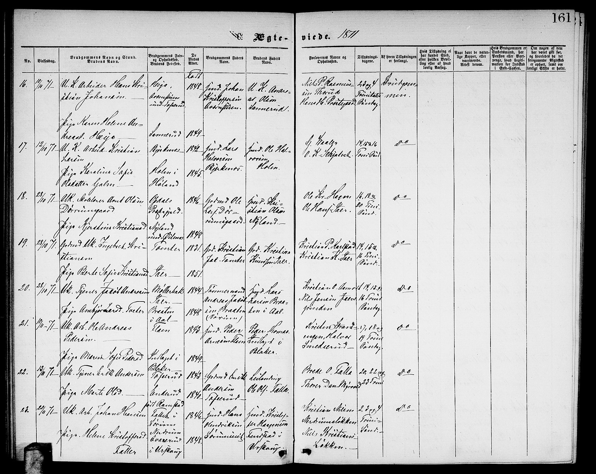 Fet prestekontor Kirkebøker, AV/SAO-A-10370a/G/Ga/L0004: Klokkerbok nr. I 4, 1868-1874, s. 161