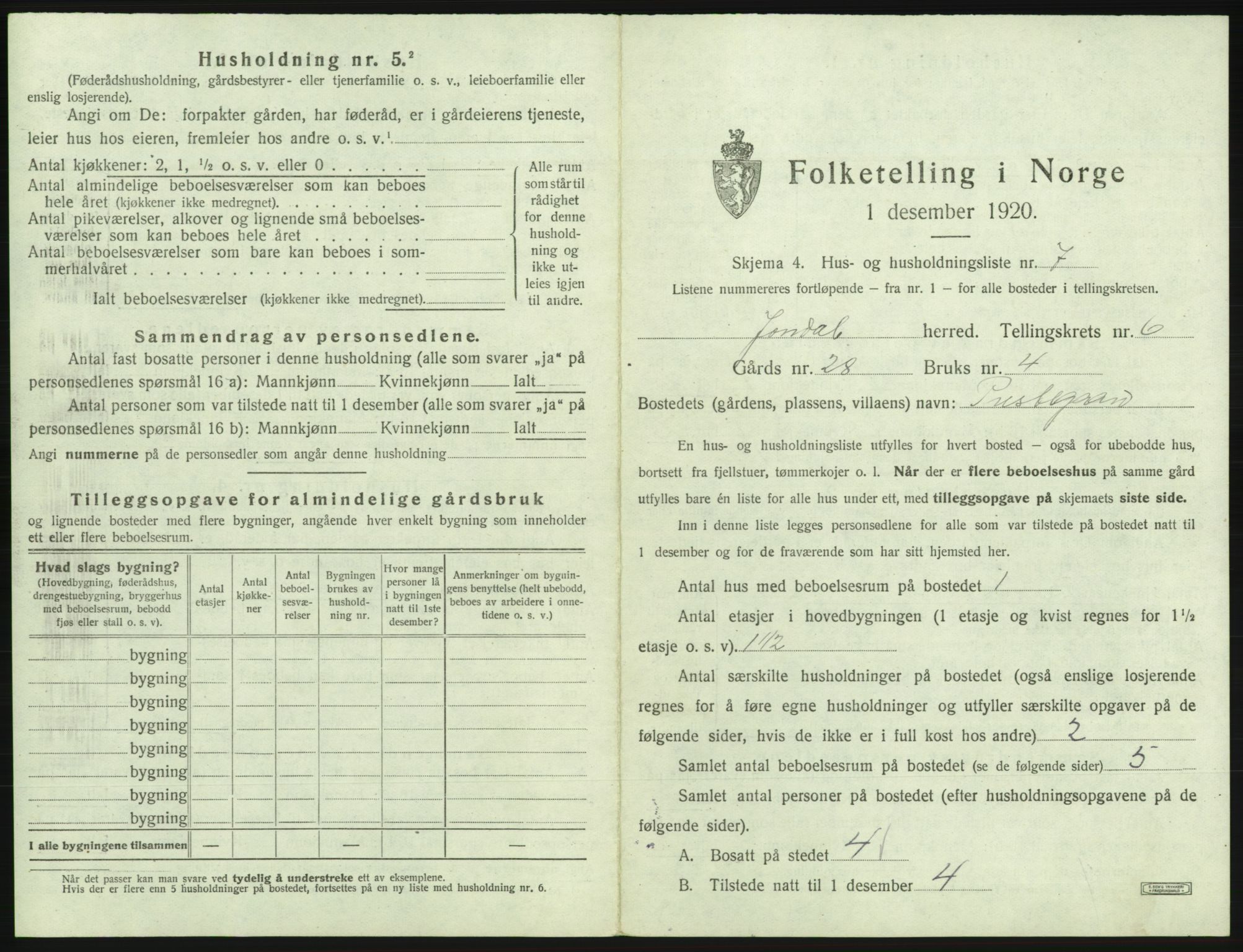 SAB, Folketelling 1920 for 1227 Jondal herred, 1920, s. 426