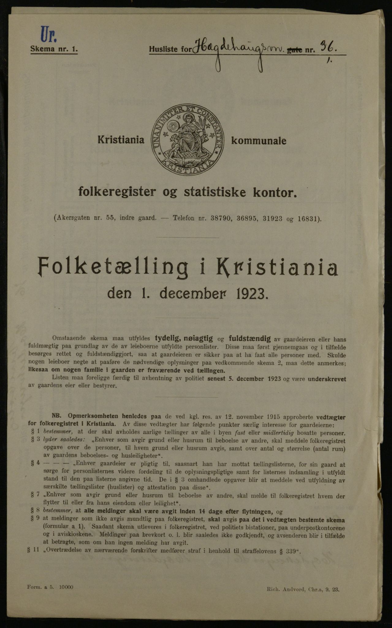 OBA, Kommunal folketelling 1.12.1923 for Kristiania, 1923, s. 40785