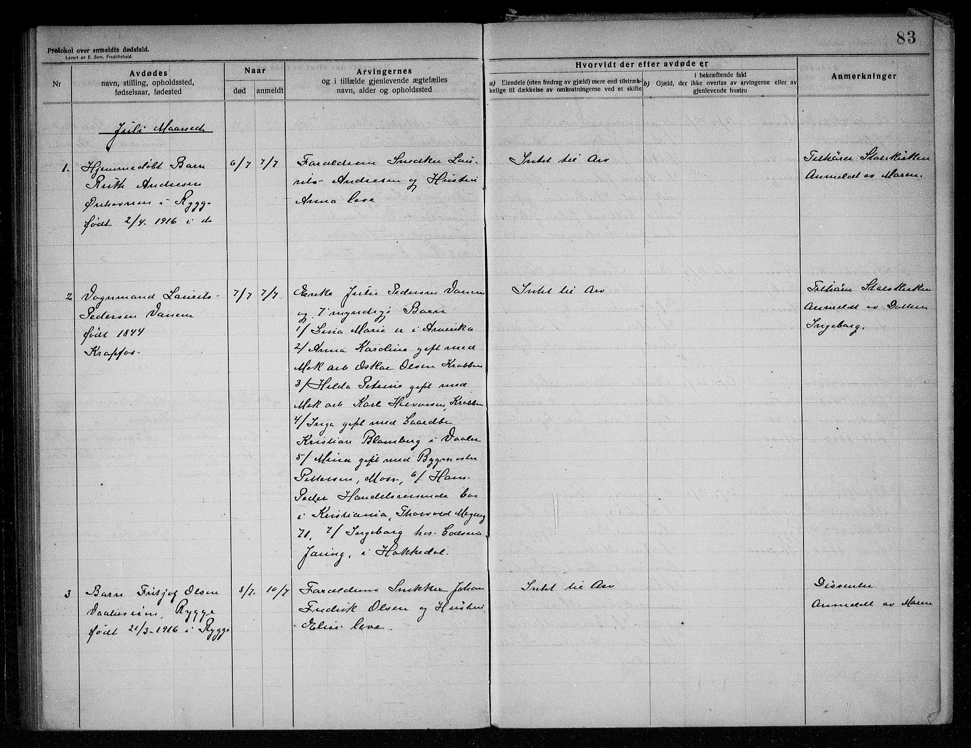 Rygge lensmannskontor, SAO/A-10005/H/Ha/Haa/L0005: Dødsfallsprotokoll, 1912-1916, s. 83