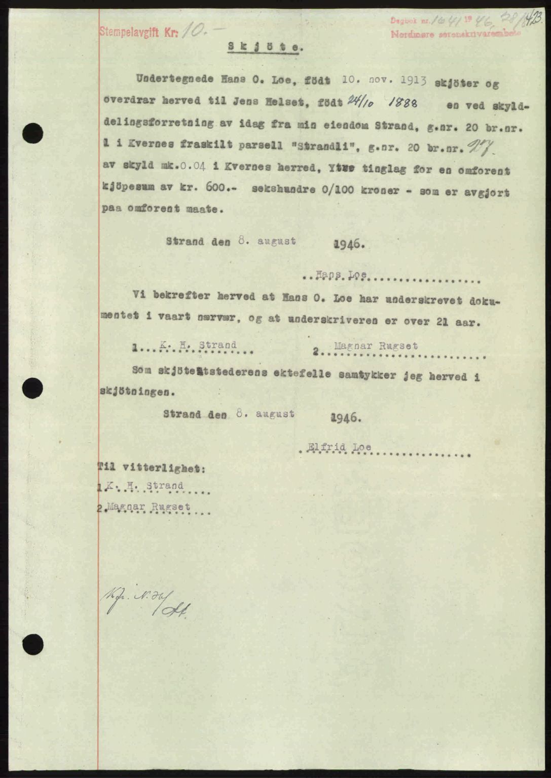 Nordmøre sorenskriveri, SAT/A-4132/1/2/2Ca: Pantebok nr. A102, 1946-1946, Dagboknr: 1641/1946