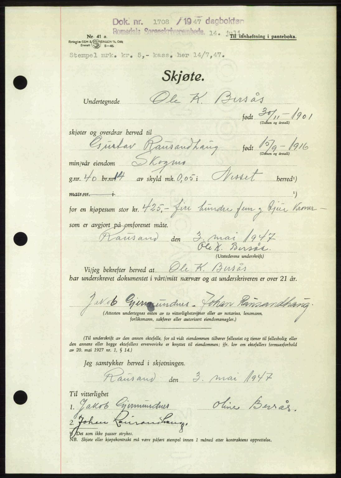 Romsdal sorenskriveri, AV/SAT-A-4149/1/2/2C: Pantebok nr. A23, 1947-1947, Dagboknr: 1708/1947