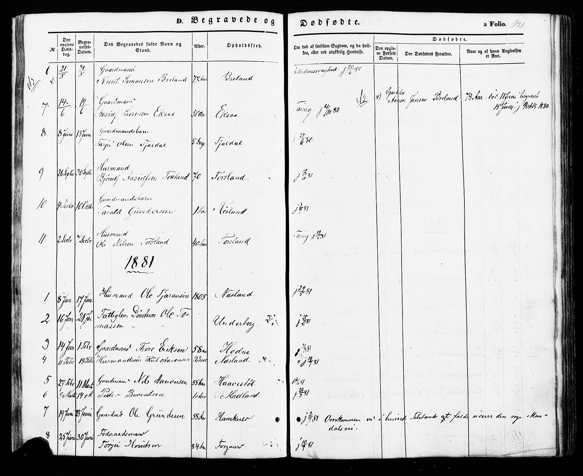Åseral sokneprestkontor, AV/SAK-1111-0051/F/Fa/L0002: Ministerialbok nr. A 2, 1854-1884, s. 421