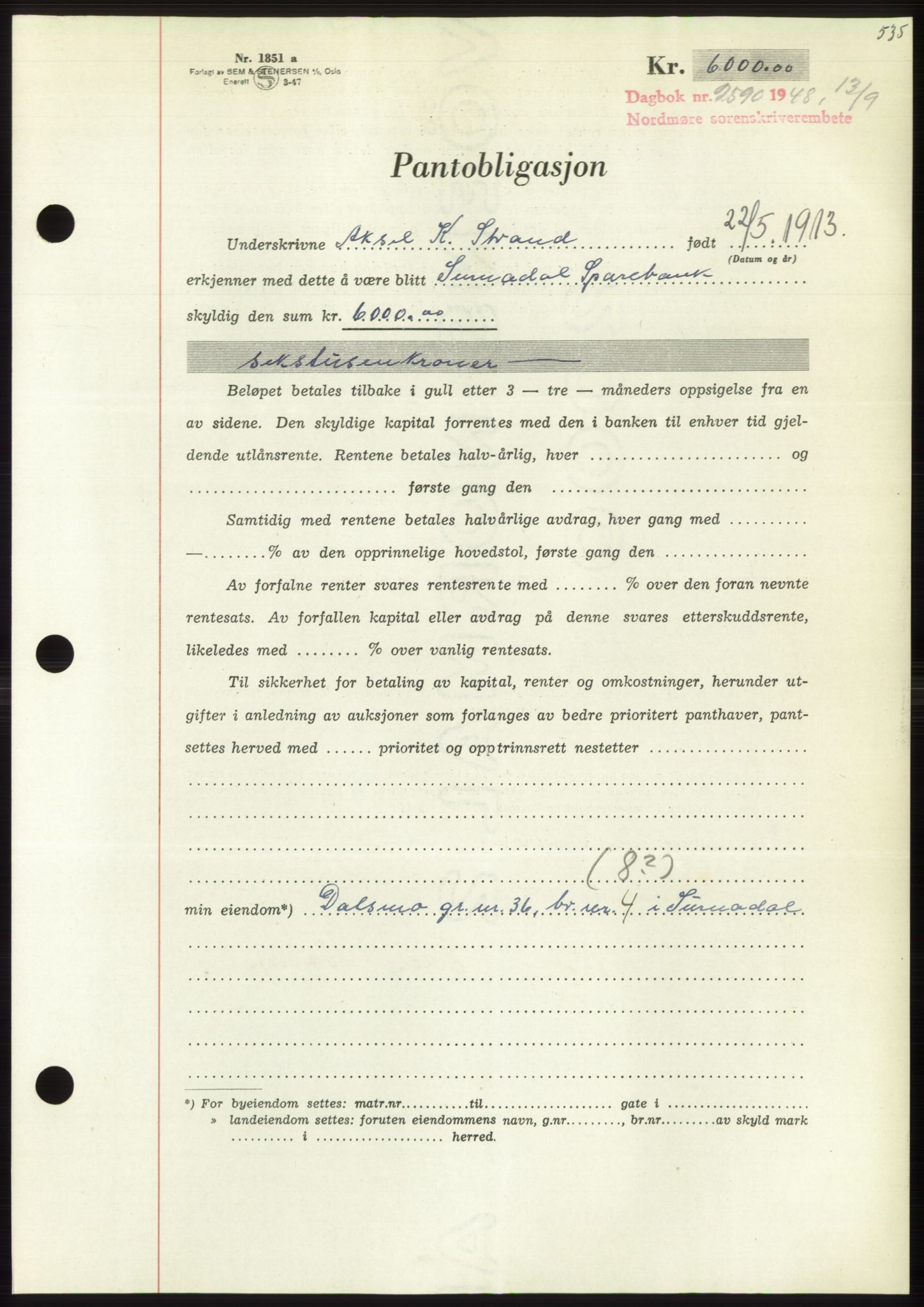 Nordmøre sorenskriveri, SAT/A-4132/1/2/2Ca: Pantebok nr. B99, 1948-1948, Dagboknr: 2590/1948