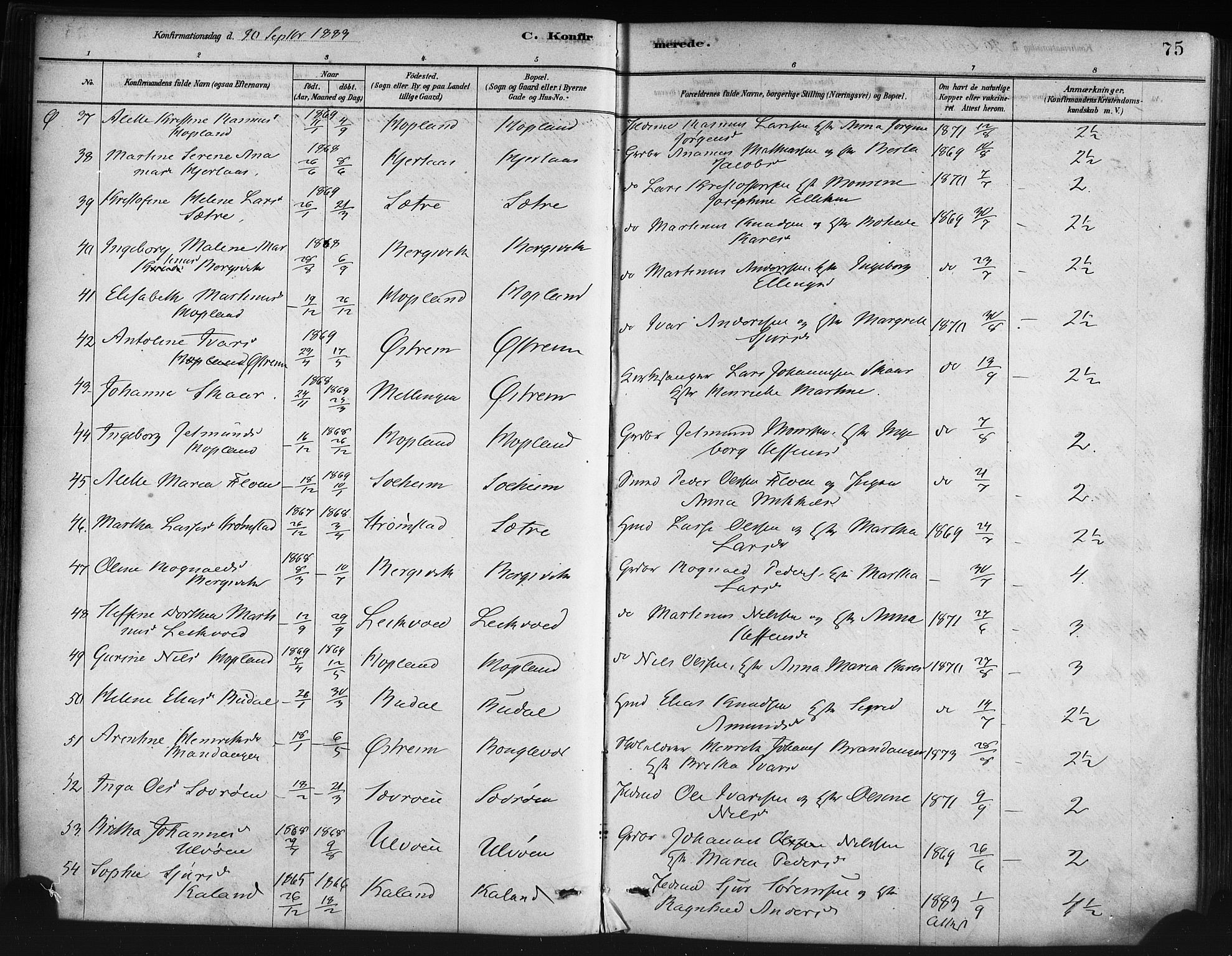 Lindås Sokneprestembete, AV/SAB-A-76701/H/Haa/Haaa/L0019: Ministerialbok nr. A 19, 1878-1912, s. 75