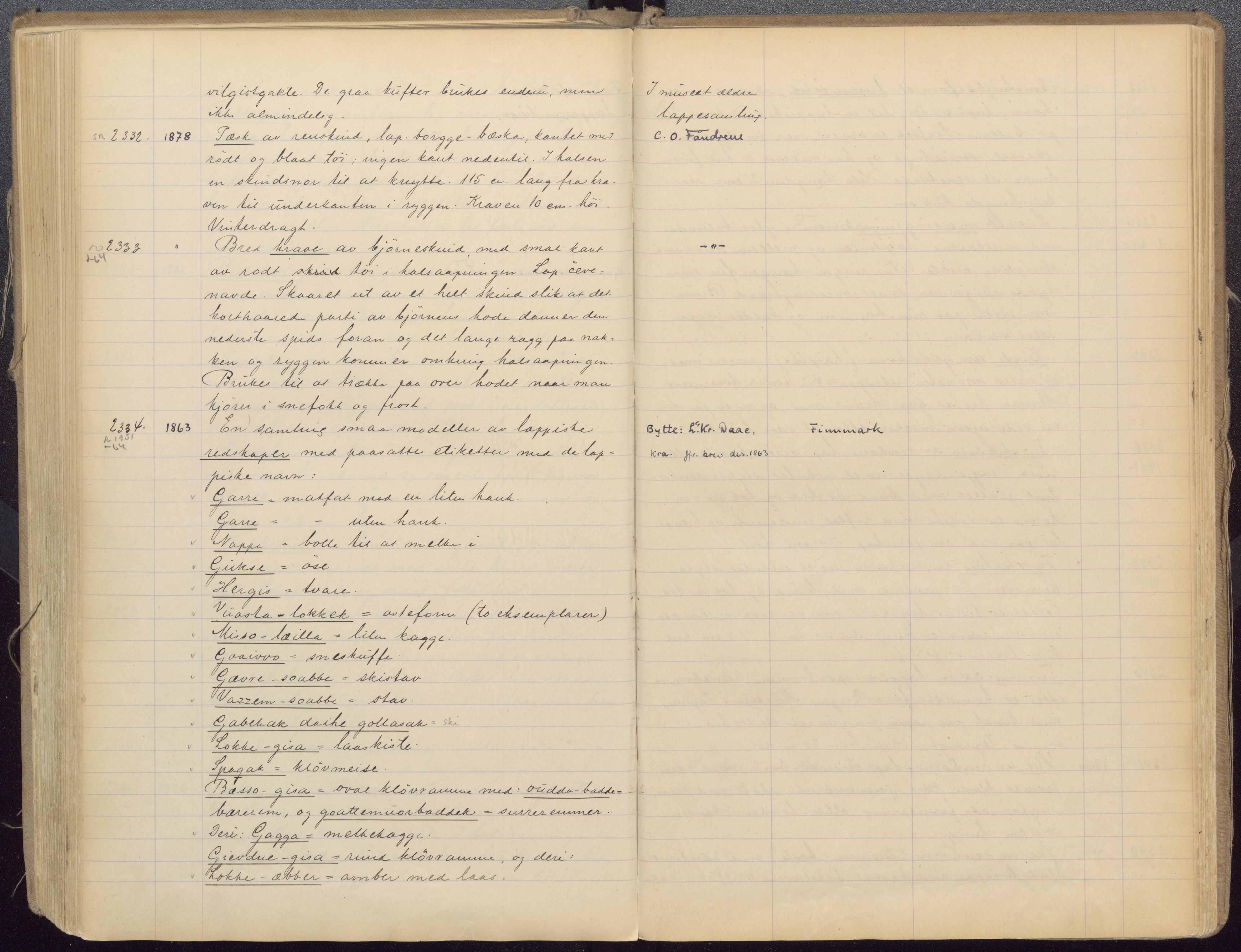 Etnografiske samlinger, UMB/A004/F/Fa/L0001: Katalog over den etnografiske samling 1 - 2800, 1894-1921, s. 411, 412