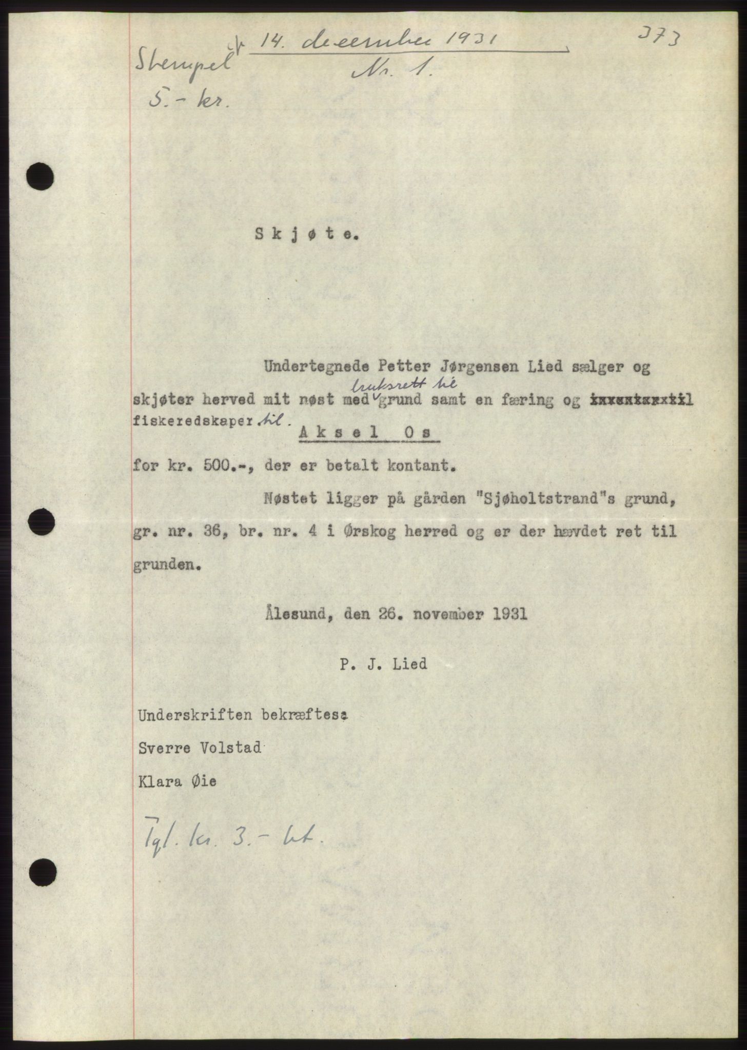 Nordre Sunnmøre sorenskriveri, SAT/A-0006/1/2/2C/2Ca/L0049: Pantebok nr. 49, 1931-1932, Tingl.dato: 14.12.1931