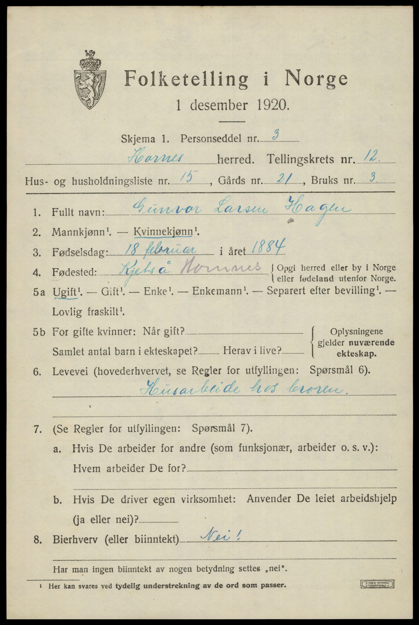 SAK, Folketelling 1920 for 0936 Hornnes herred, 1920, s. 3047