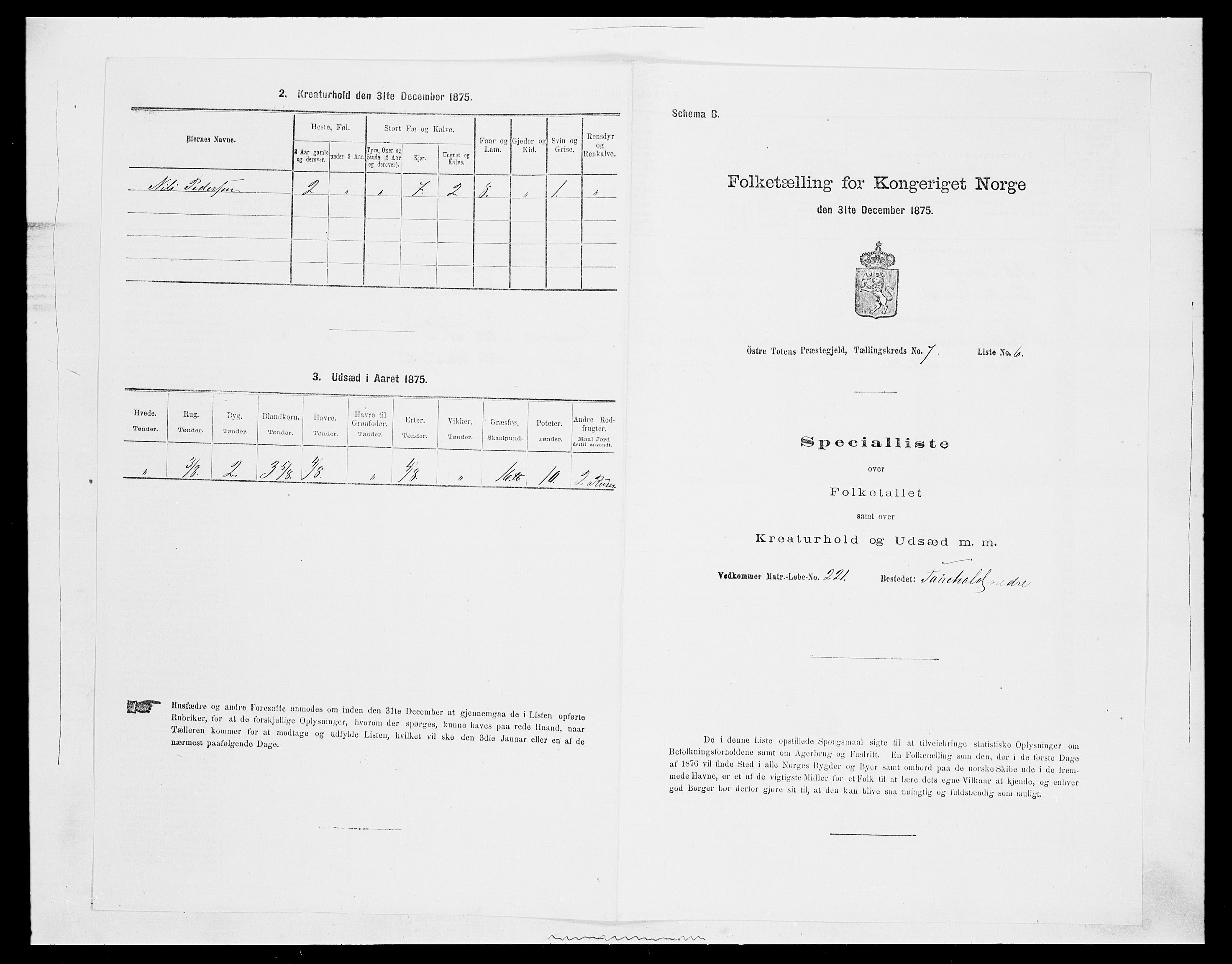 SAH, Folketelling 1875 for 0528P Østre Toten prestegjeld, 1875, s. 1305