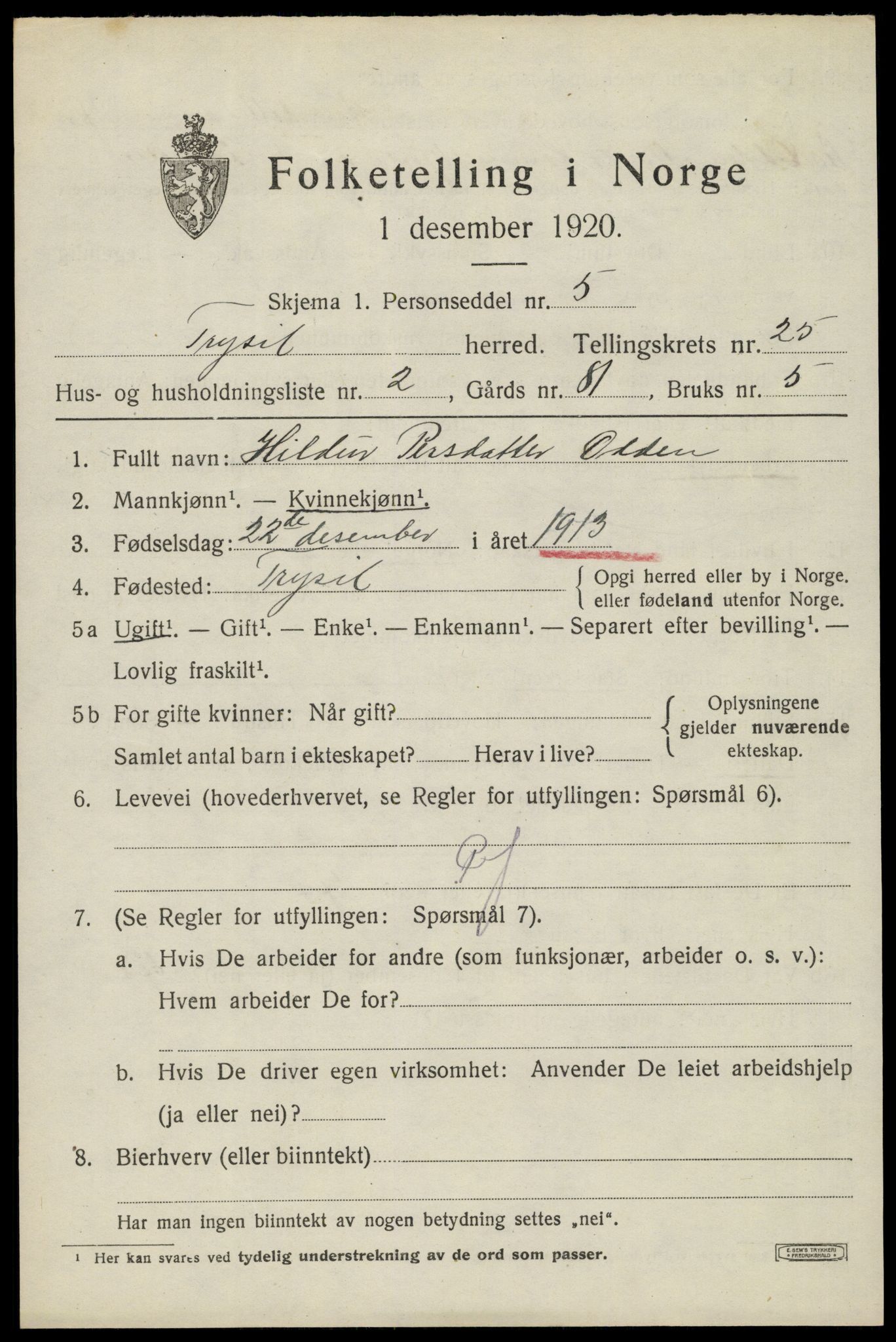 SAH, Folketelling 1920 for 0428 Trysil herred, 1920, s. 15705