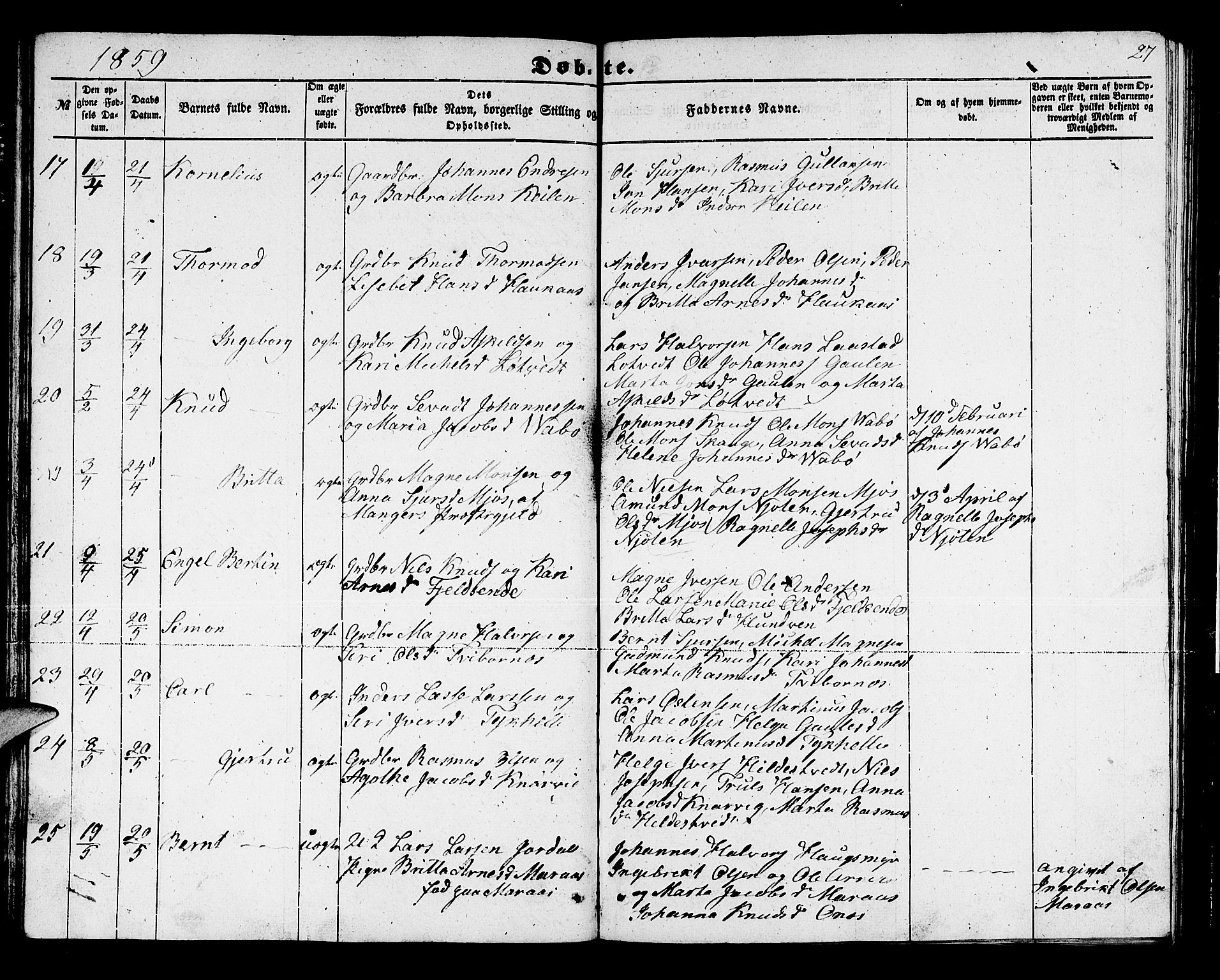 Lindås Sokneprestembete, AV/SAB-A-76701/H/Hab/Habb/L0001: Klokkerbok nr. B 1, 1853-1866, s. 27