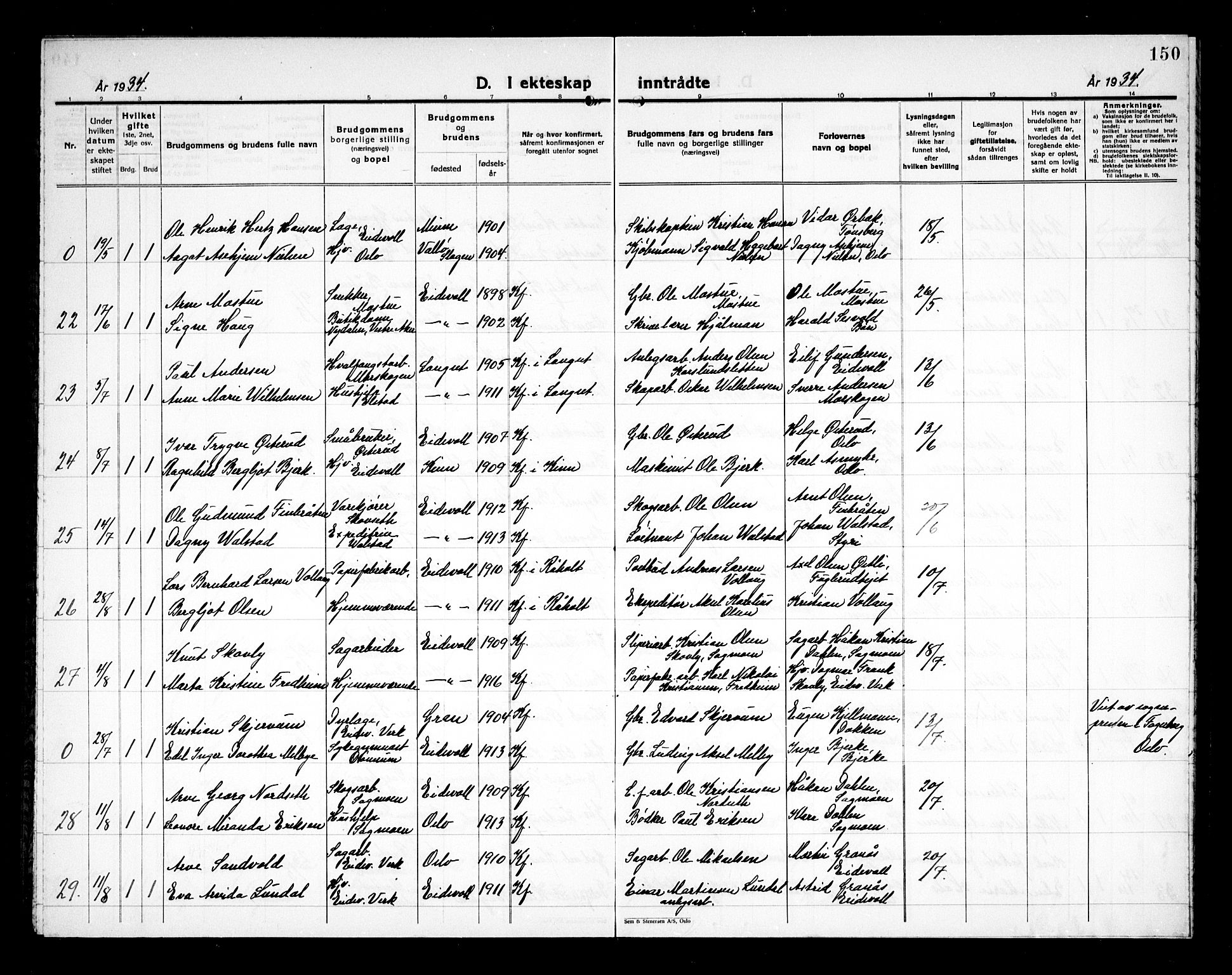 Eidsvoll prestekontor Kirkebøker, AV/SAO-A-10888/G/Ga/L0011: Klokkerbok nr. I 11, 1926-1936, s. 150