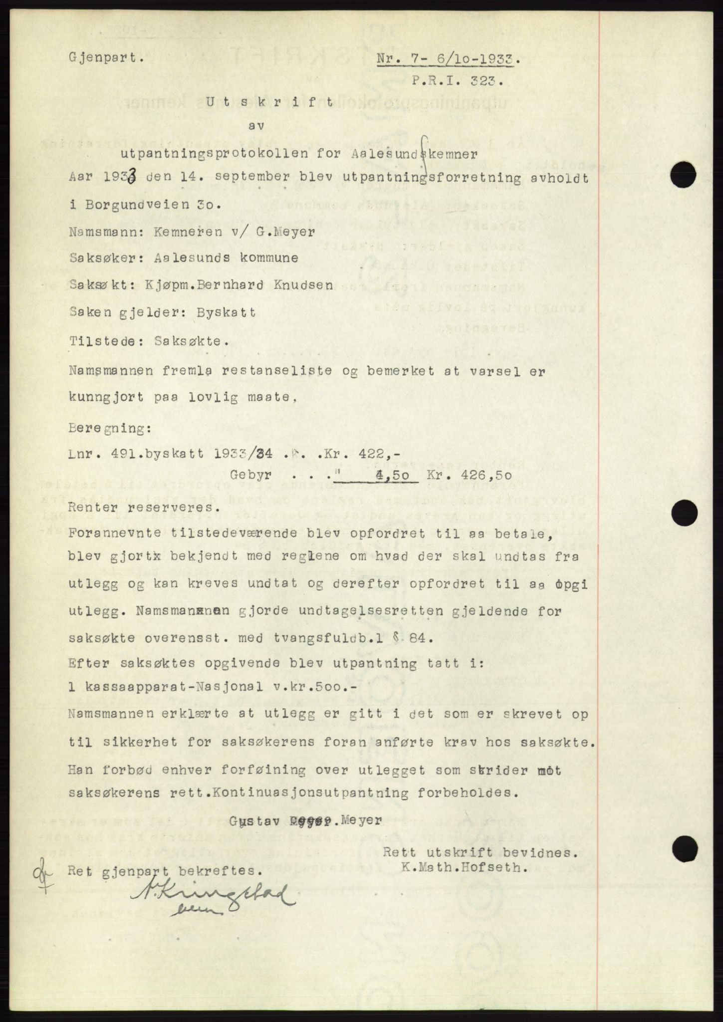 Ålesund byfogd, AV/SAT-A-4384: Pantebok nr. 31, 1933-1934, Tingl.dato: 06.10.1933