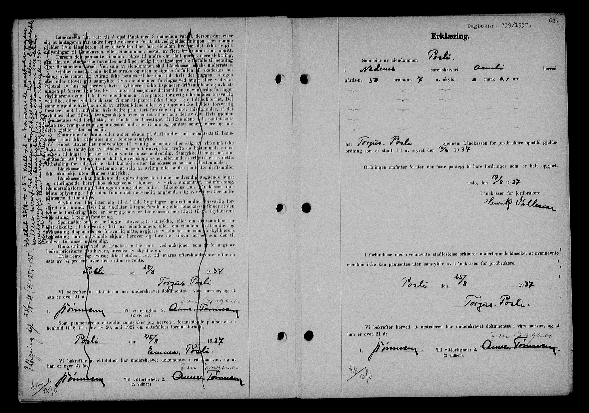 Nedenes sorenskriveri, AV/SAK-1221-0006/G/Gb/Gba/L0044: Pantebok nr. 40, 1937-1938, Dagboknr: 739/1937